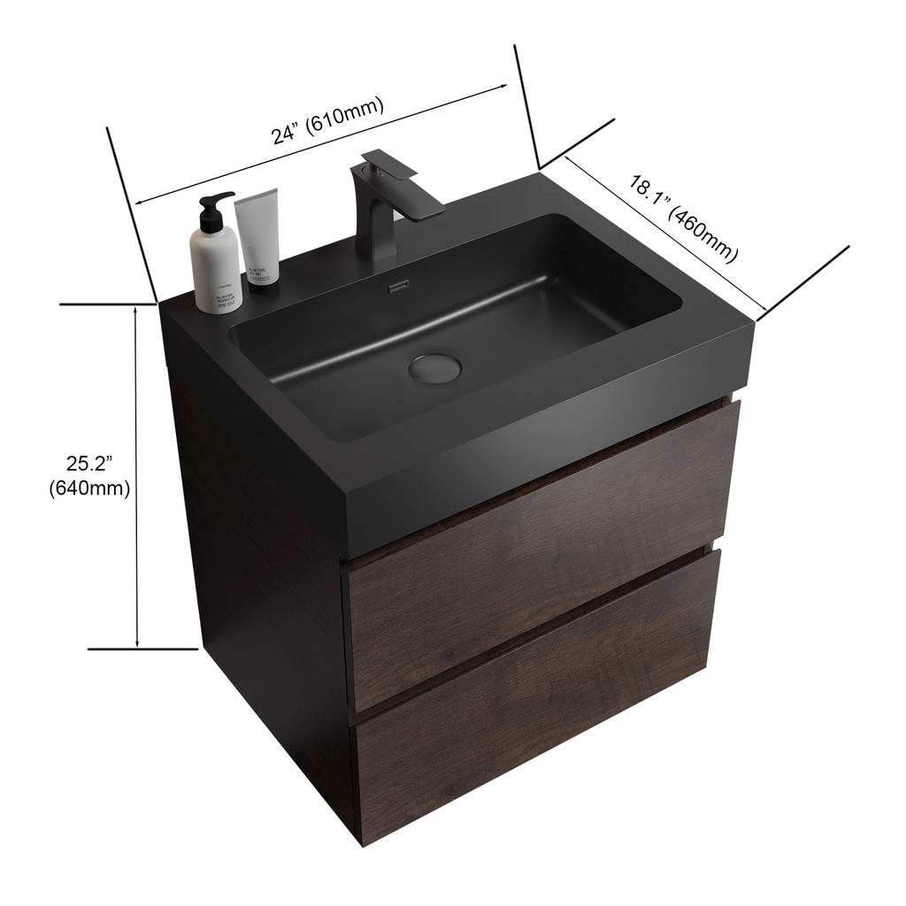 Modern black vanity sink with dark wood drawers  W