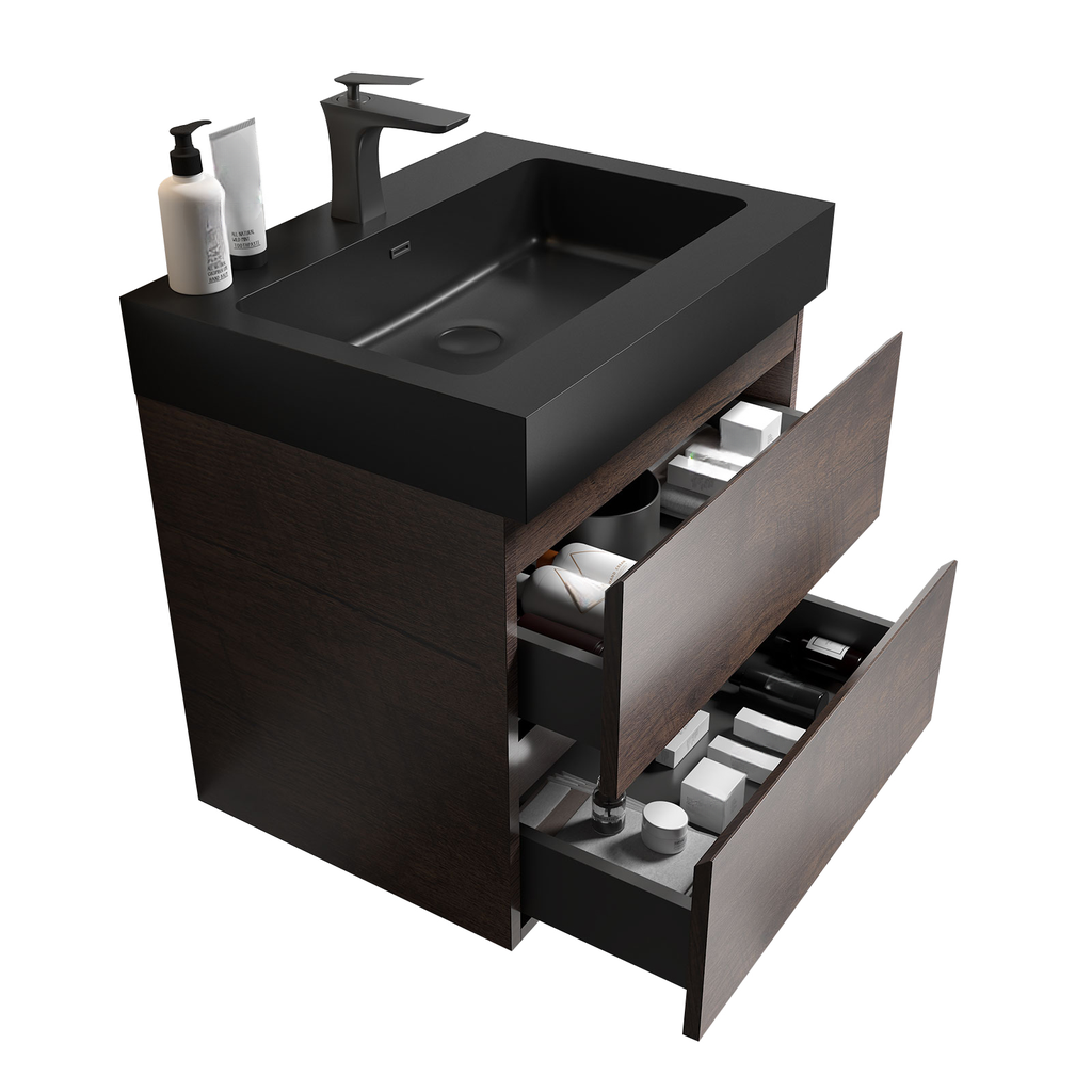 Modern dark wood bathroom vanity with black sink and open drawers