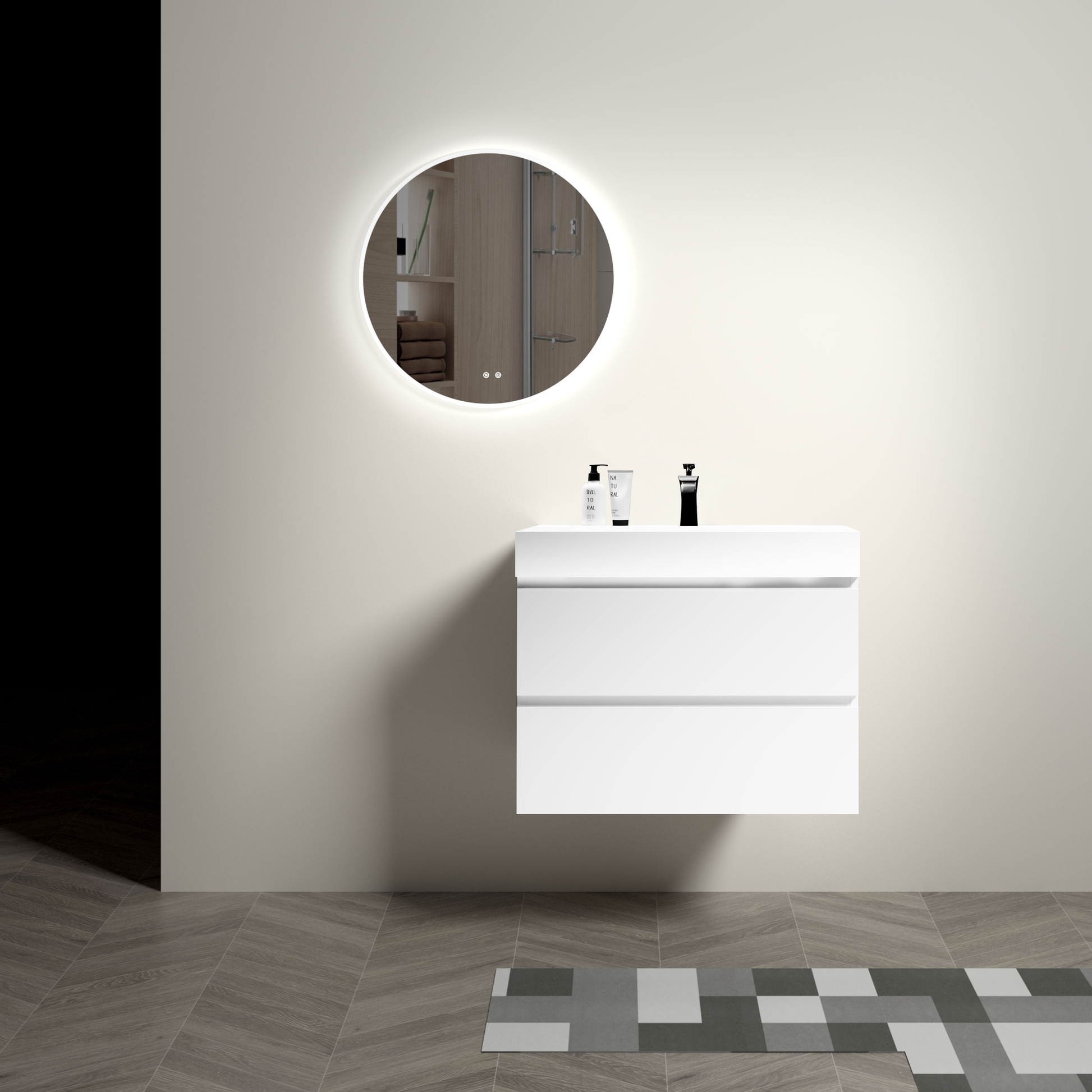 Modern white wallmounted vanity with two drawers and black faucet