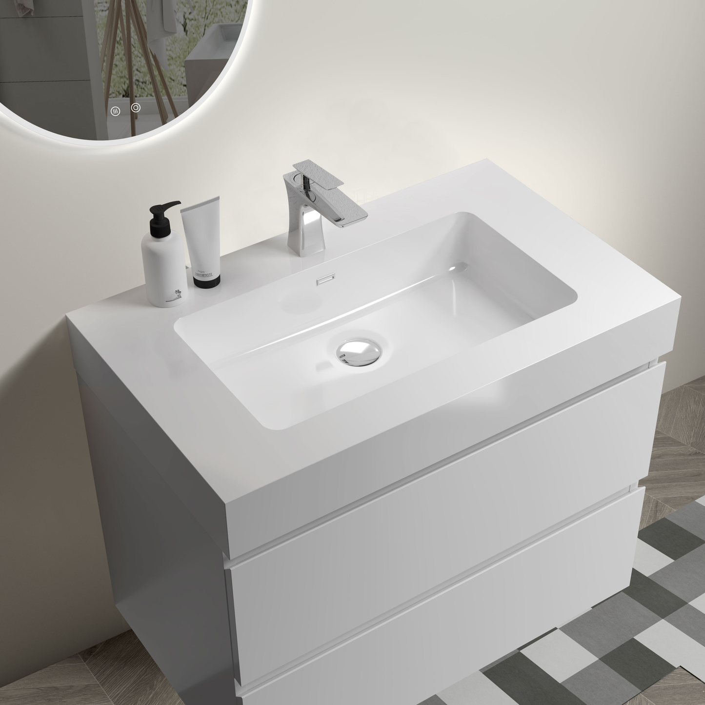 Modern white floating vanity with integrated sink and chrome faucet