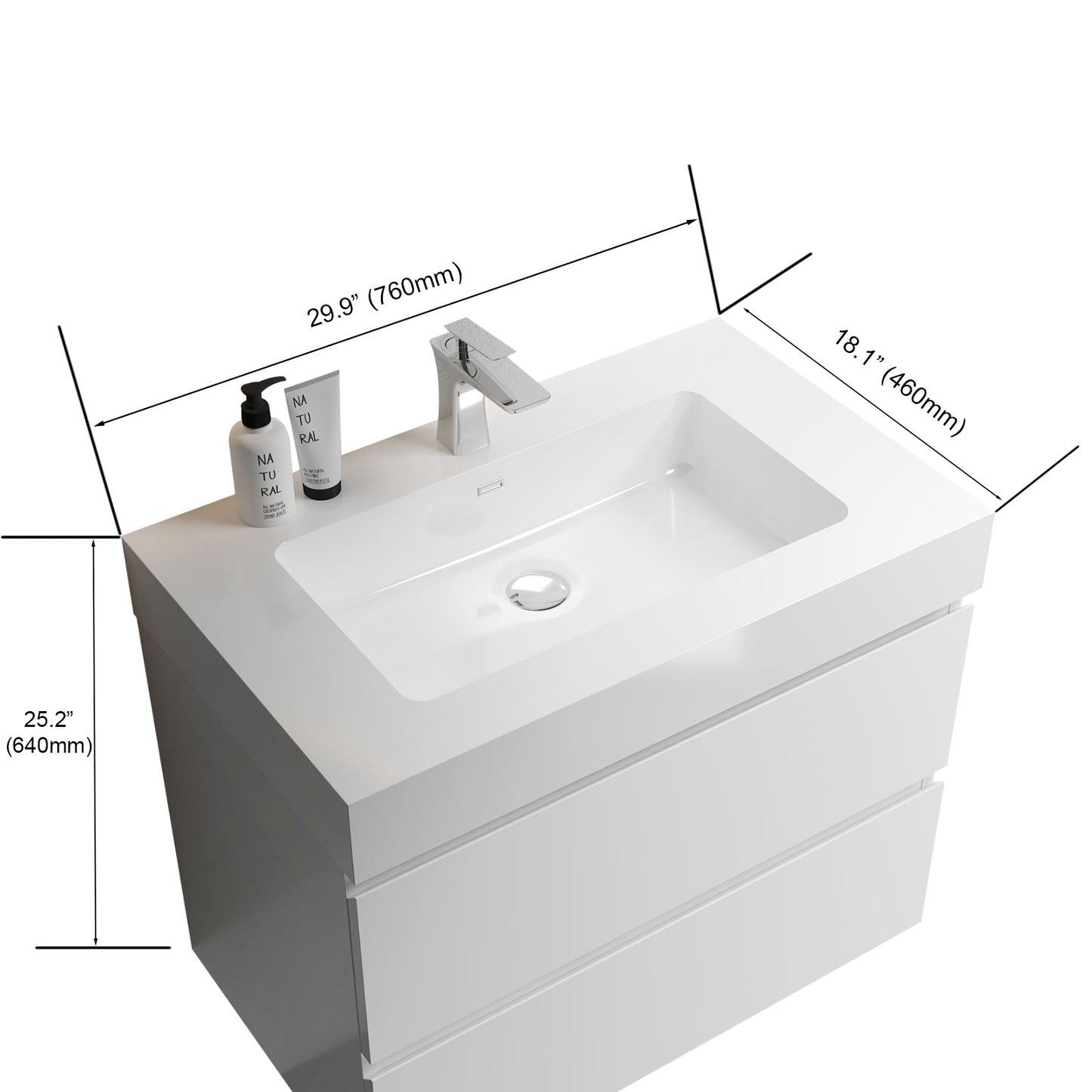 White modern wallmounted vanity with integrated sink and chrome faucet
