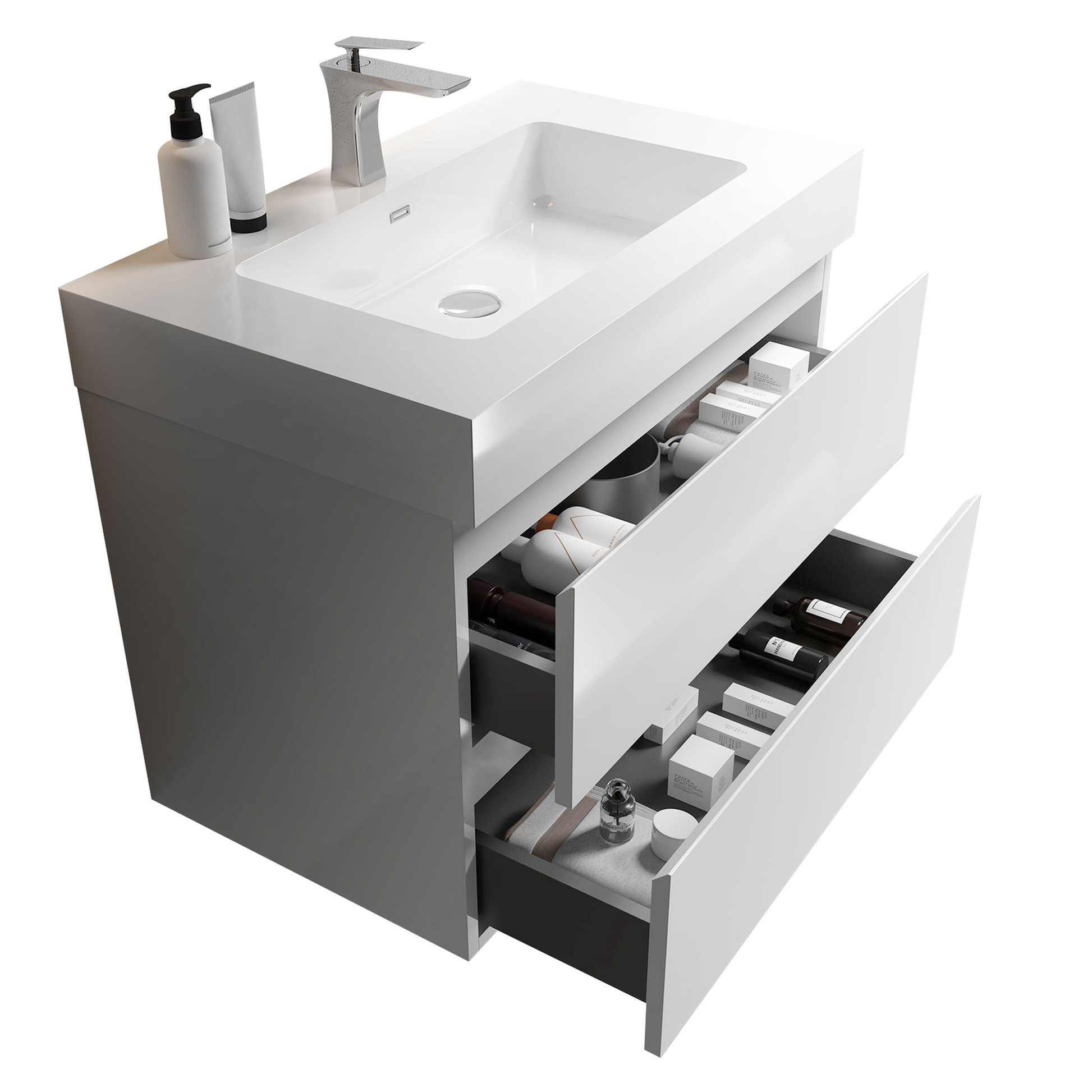 White modern vanity with polished chrome faucet and open drawers