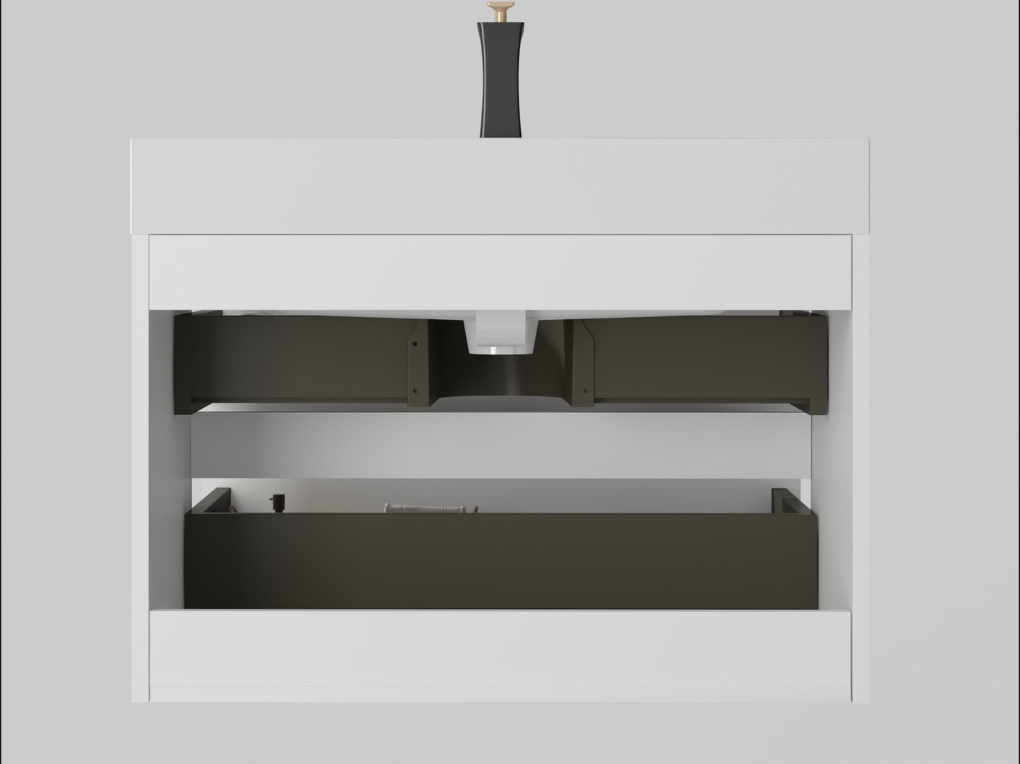 Modern white bathroom vanity with black drawer interiors and brass faucet