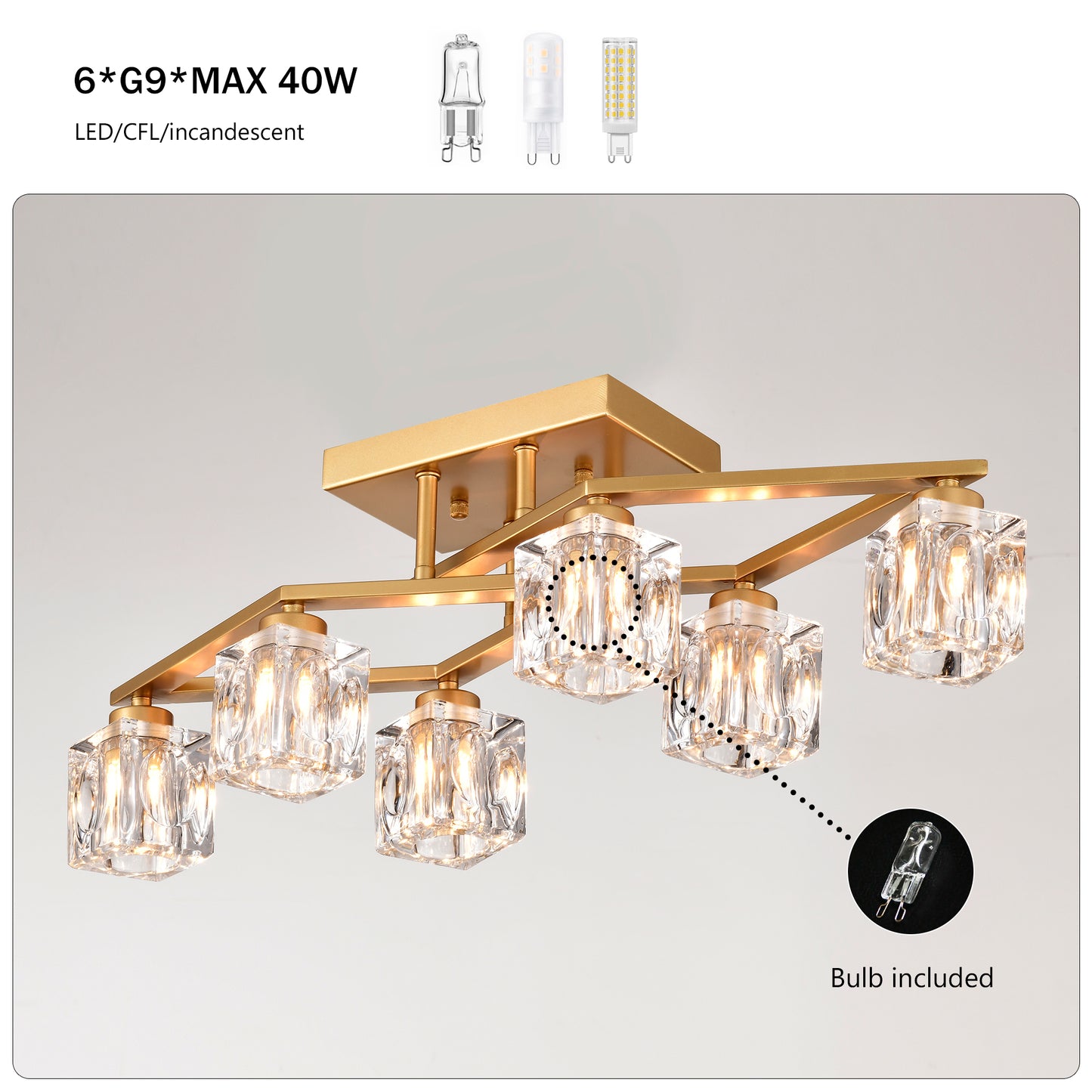 Sleek gold flush mount ceiling light with seven clear crystal cube shades