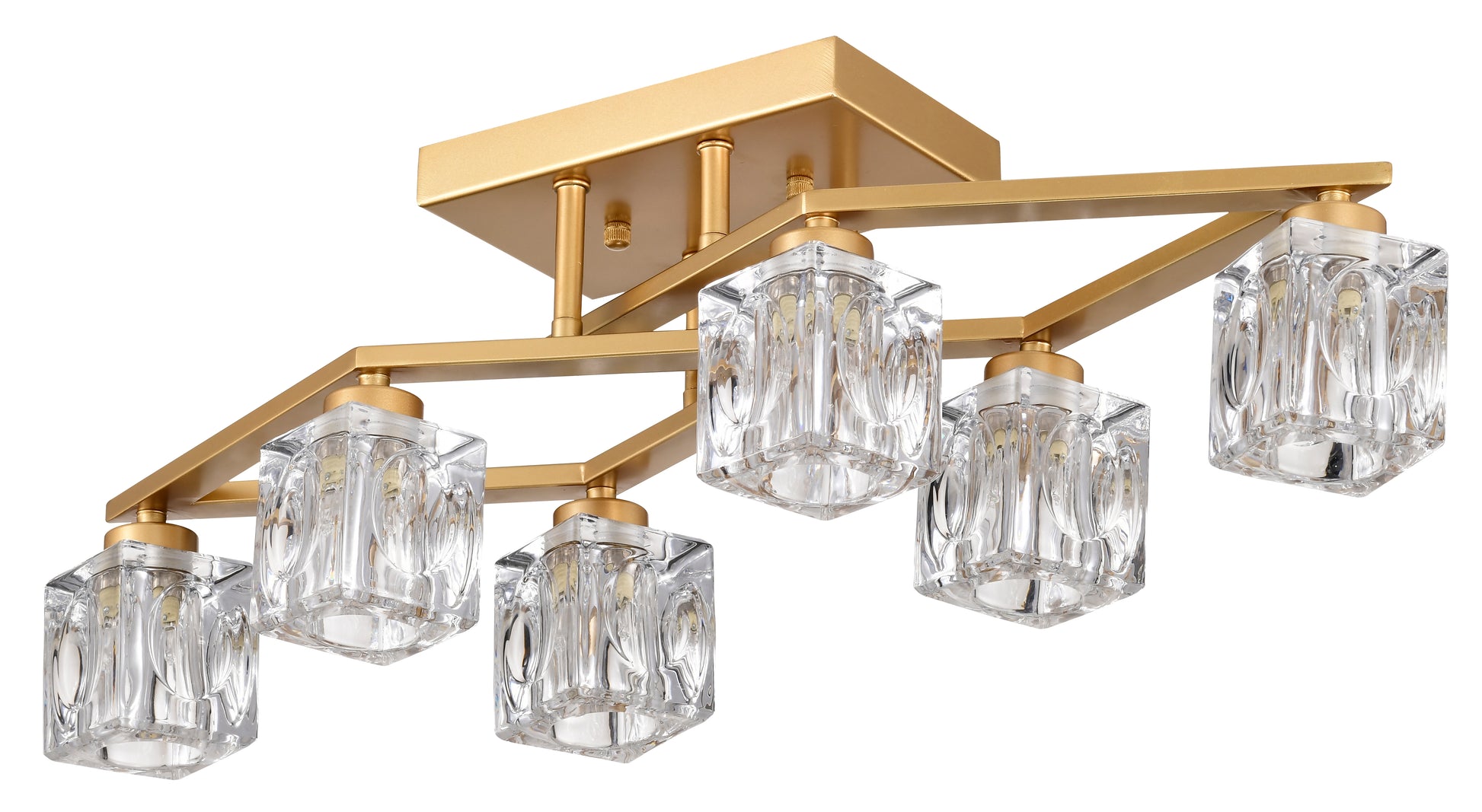 Gold flush mount chandelier with six crystal square shades and modern geometric design