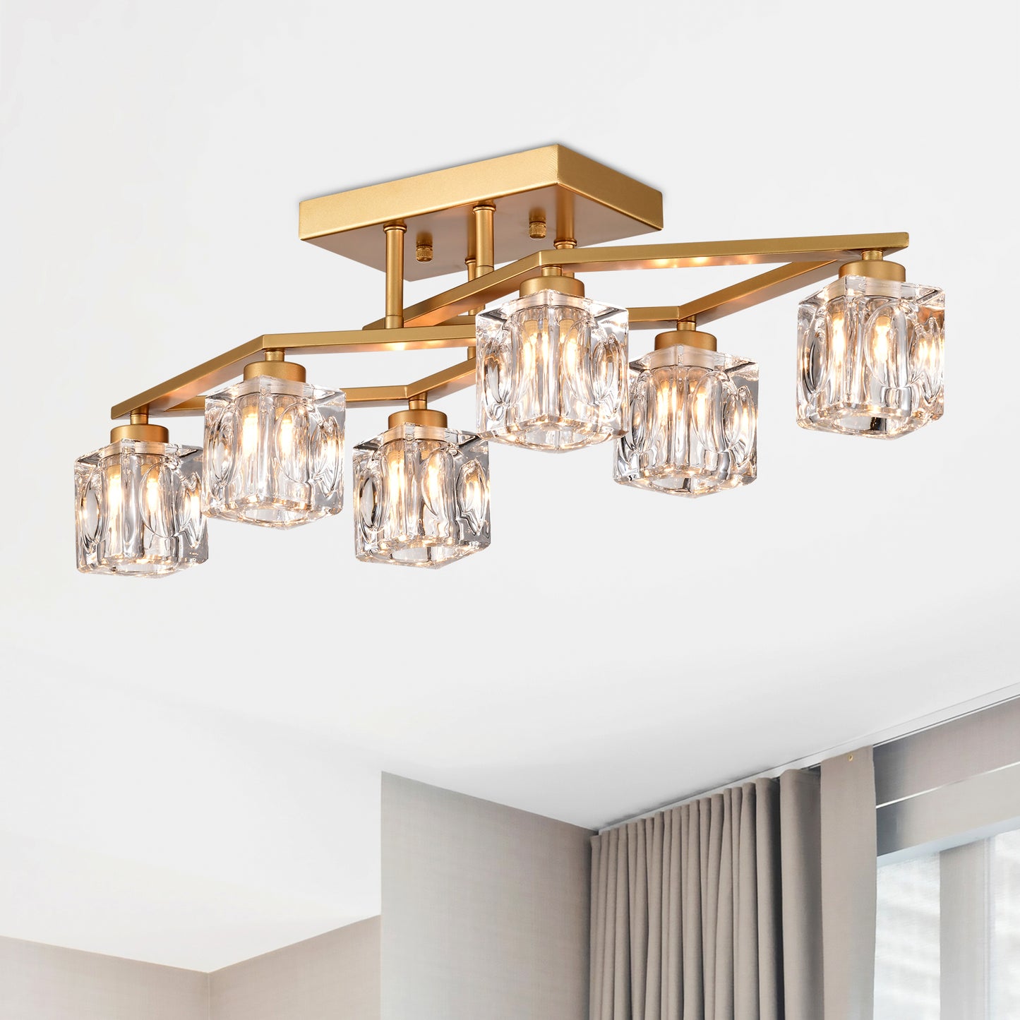 Modern gold flush mount light with clear crystal shades