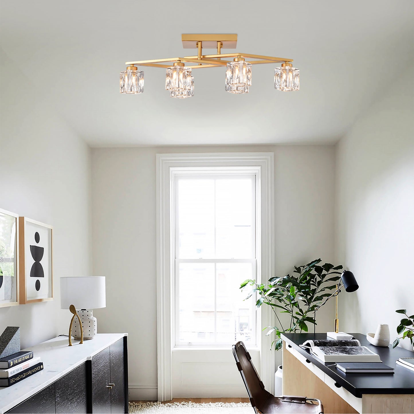Gold flush mount ceiling light with crystal cube shades