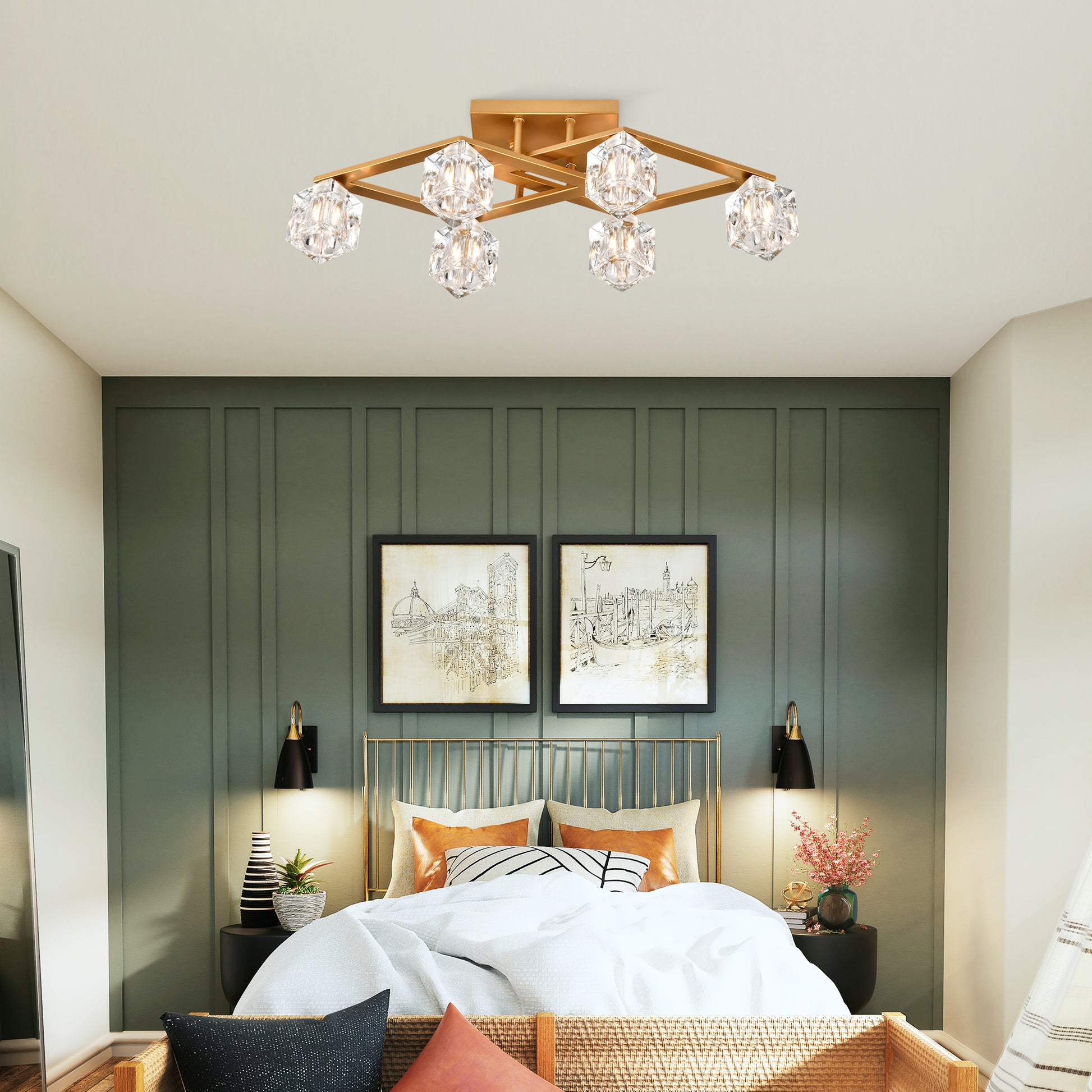 Gold square frame flush mount ceiling light with crystal cube accents