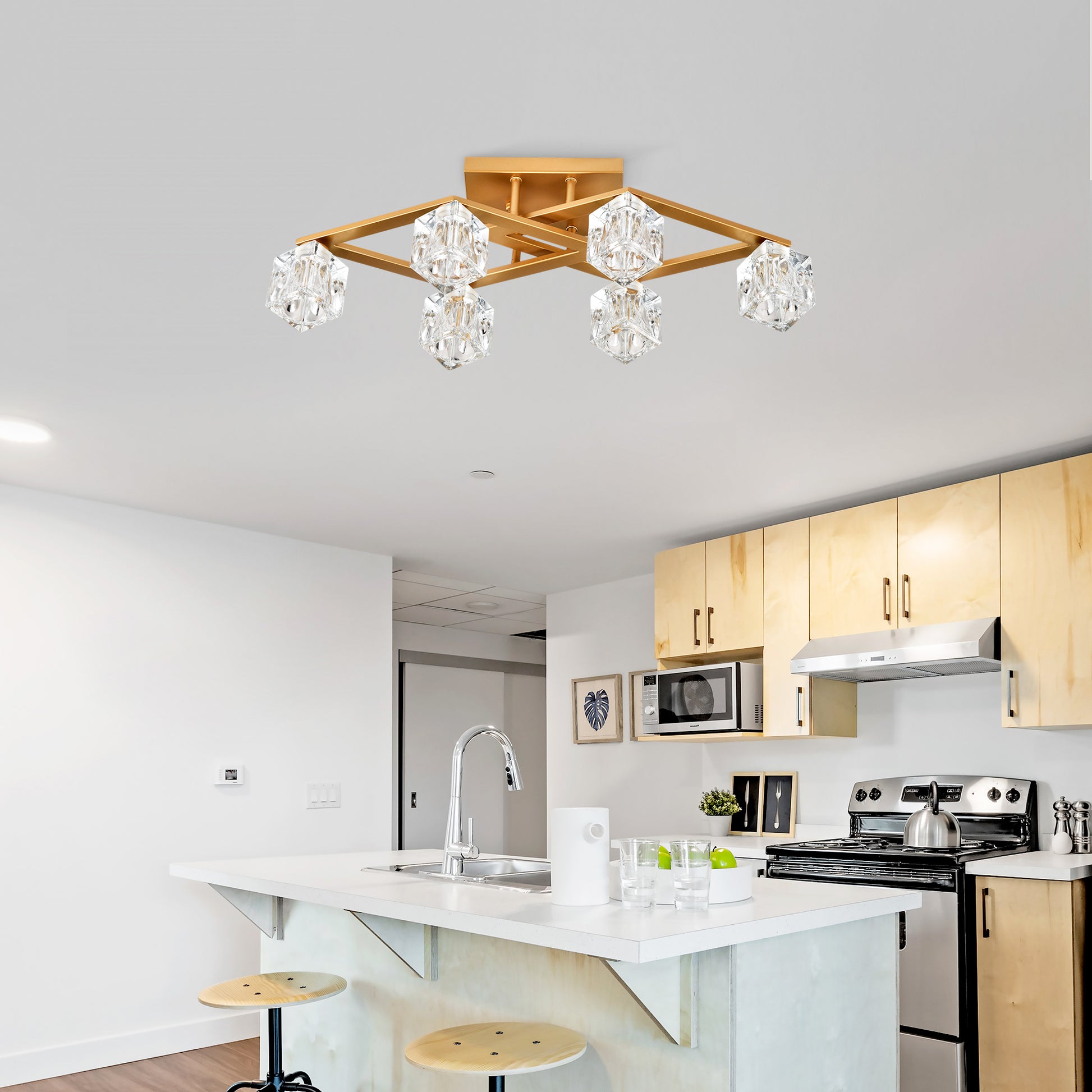 Modern gold semiflush mount ceiling light with crystal cubes