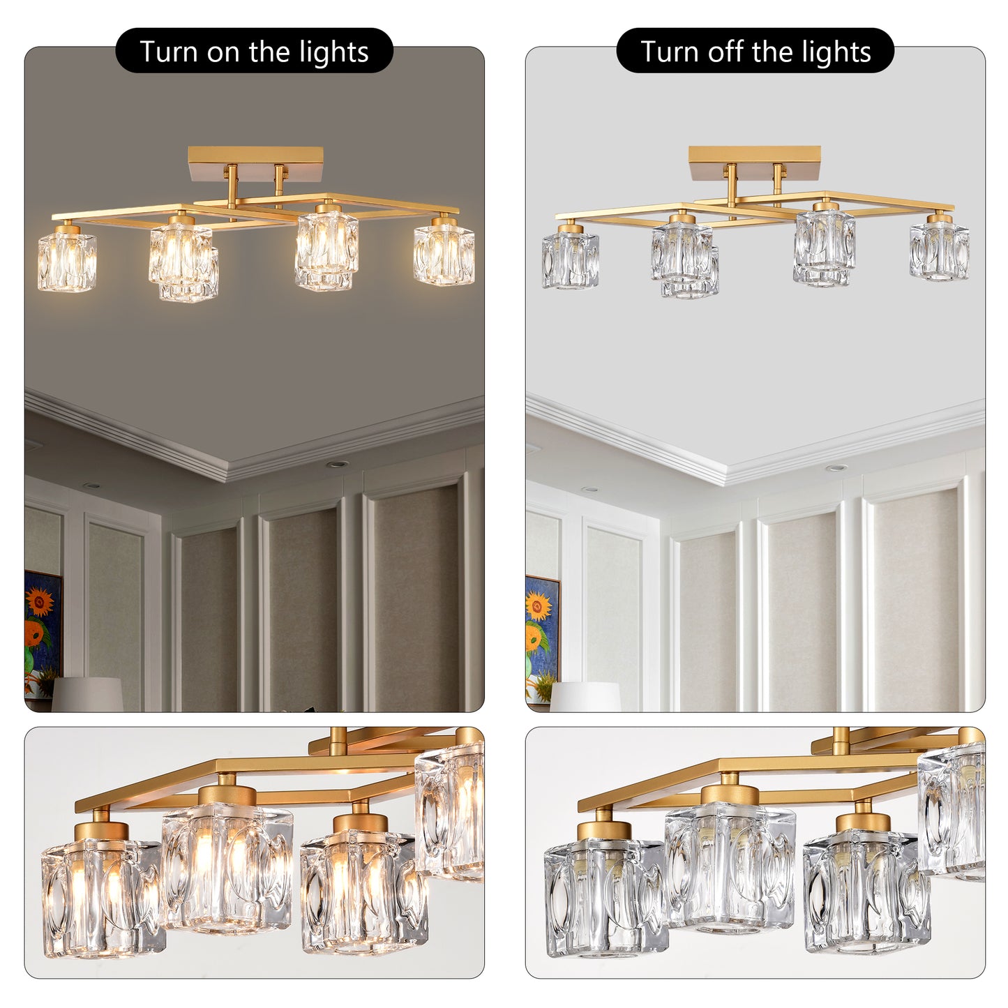 Gold modern chandelier with square crystal shades