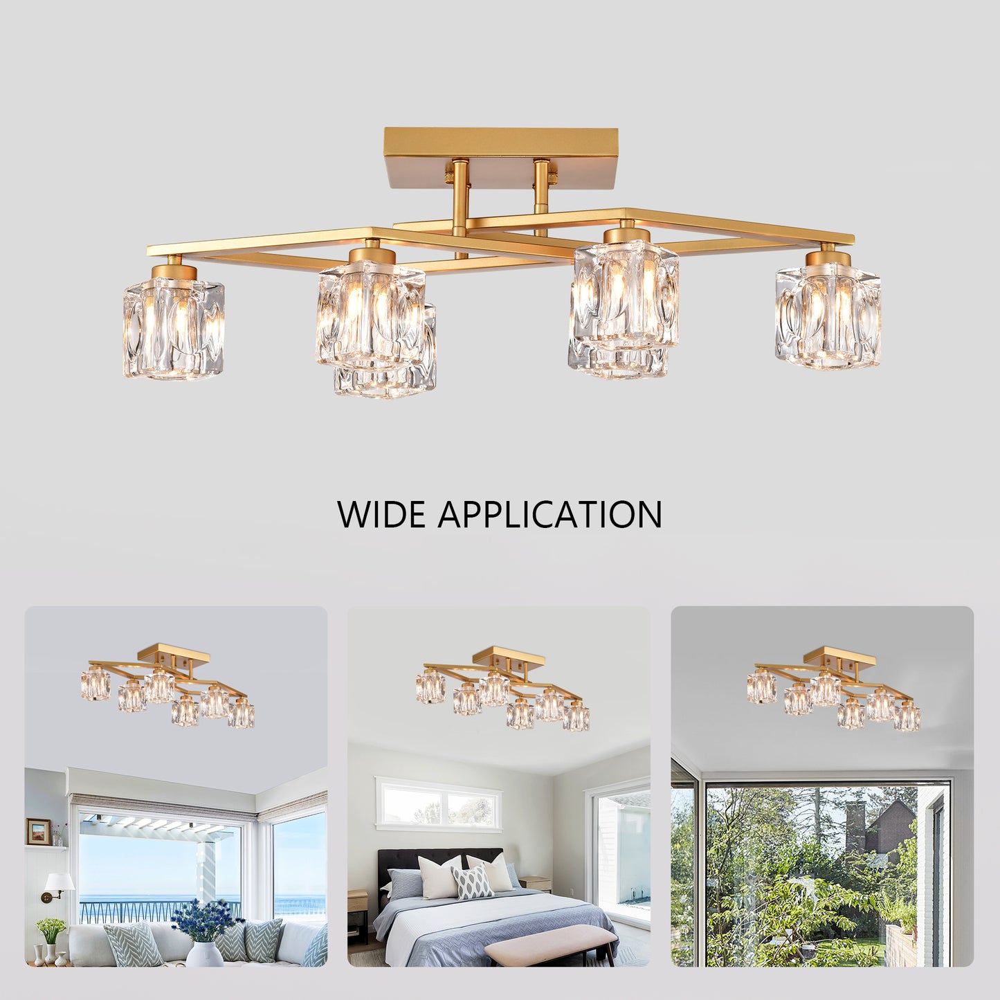 Gold flush mount light with crystal square shades