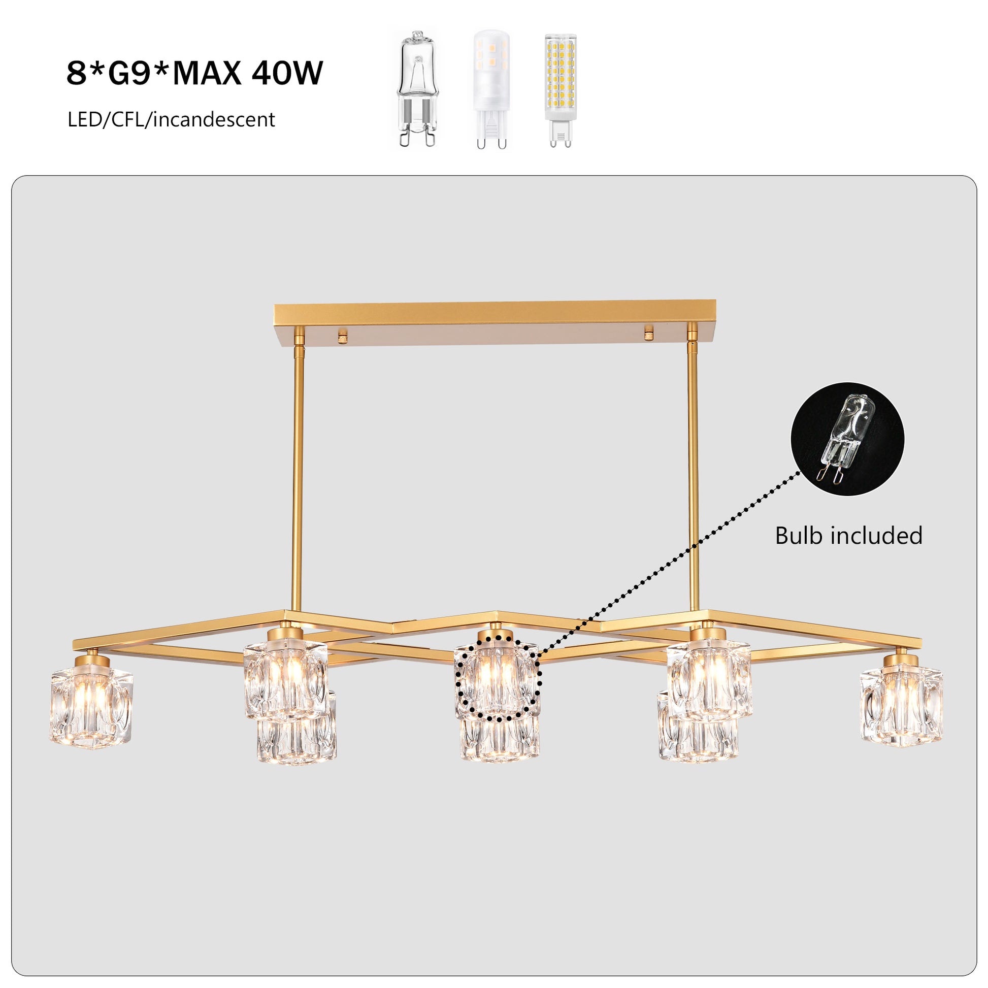 Gold linear chandelier with crystal glass shades
