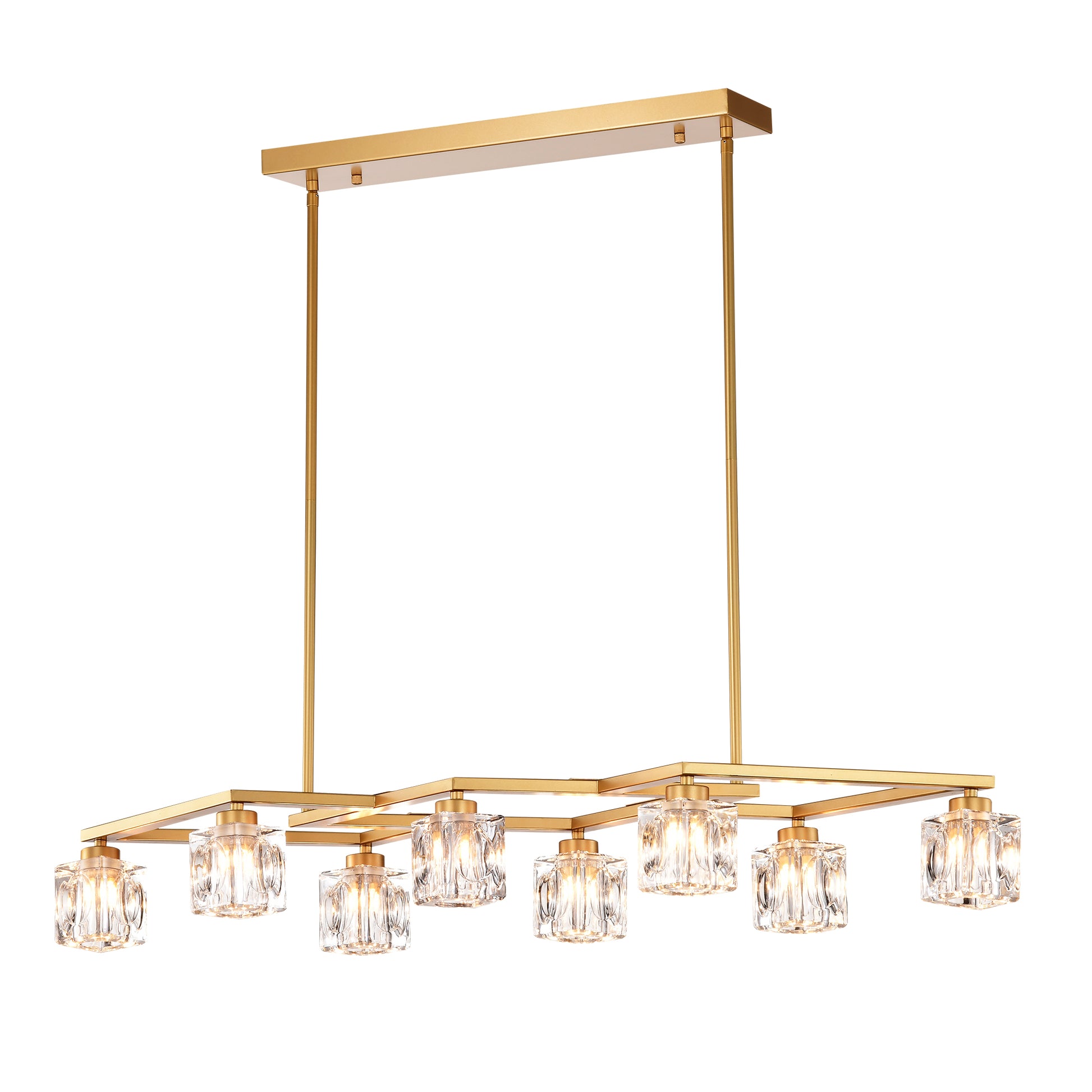 Modern gold linear chandelier with crystal glass shades