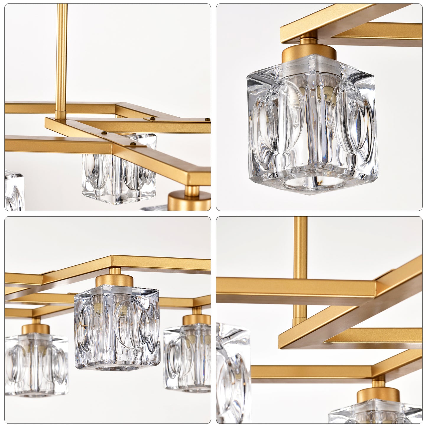 Modern gold chandelier with clear glass cube shades