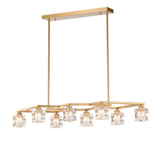 Modern brass chandelier with eight clear glass shades