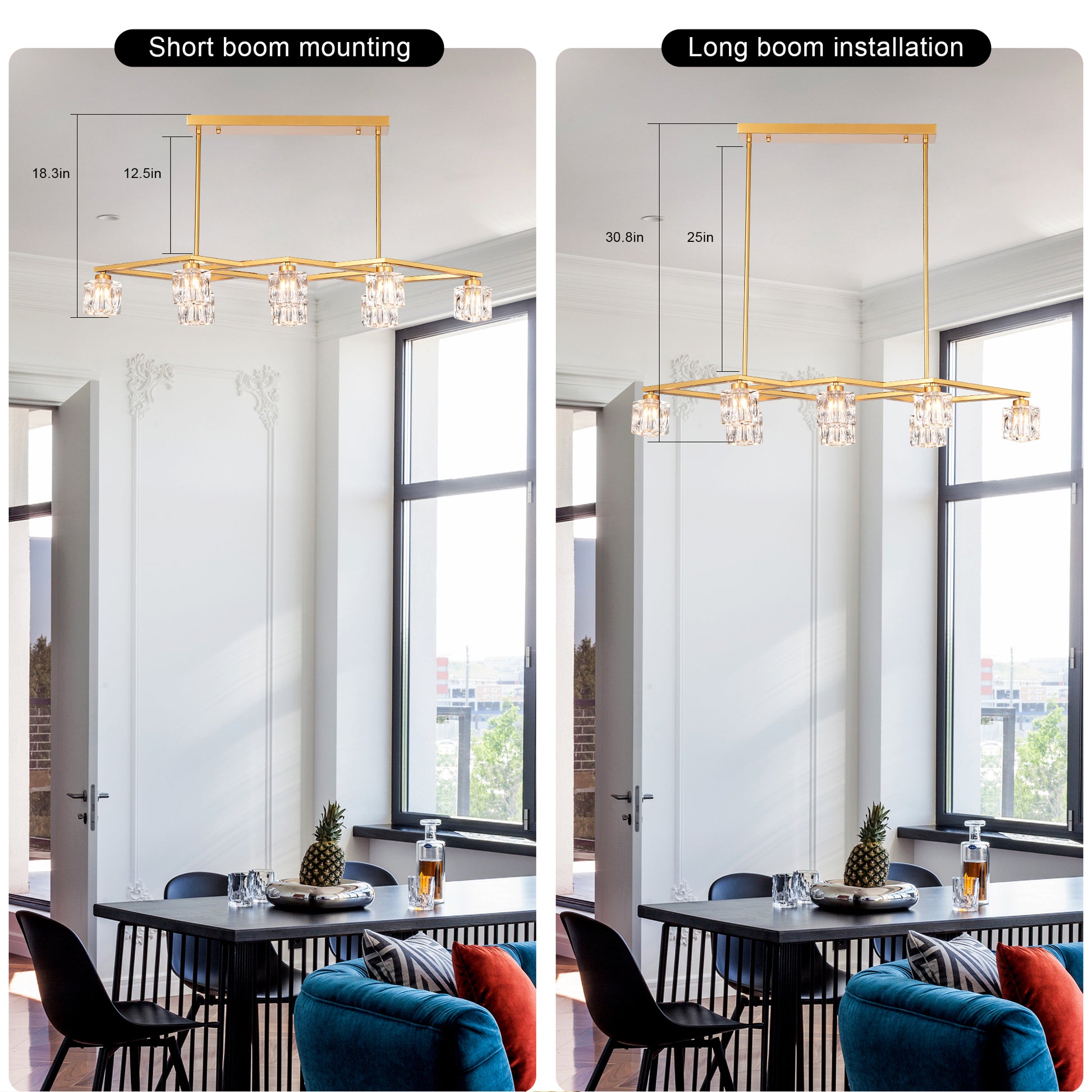 Gold square pendant light with crystal accents and short boom mounting