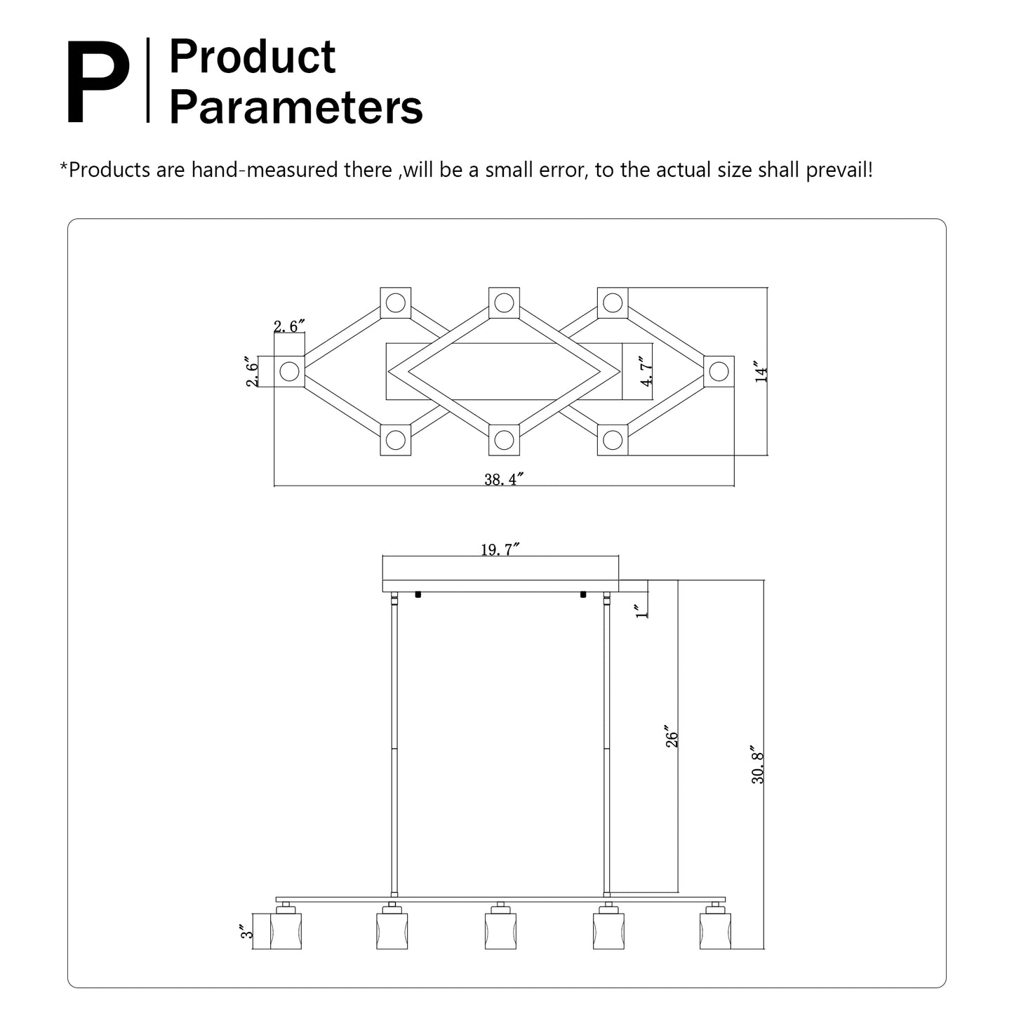 Line drawing of diamondshaped metal chandelier with dimensions