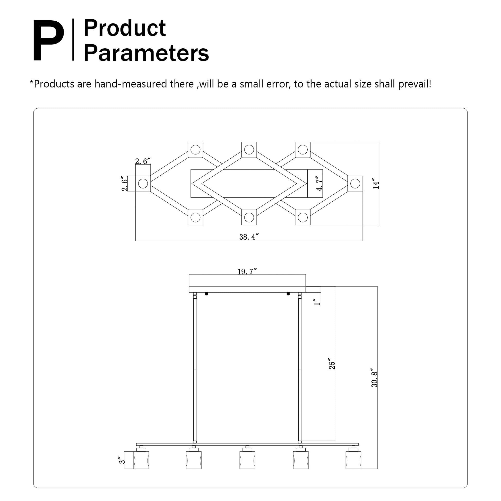 Line drawing of diamondshaped metal chandelier with dimensions