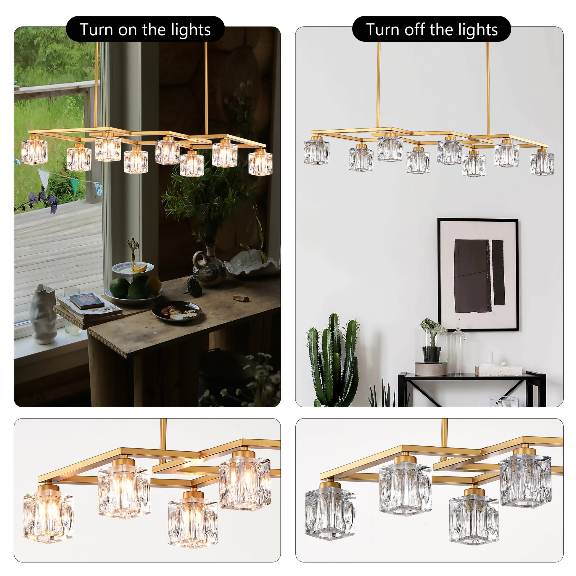 Gold linear chandelier with crystal cube shades illuminated