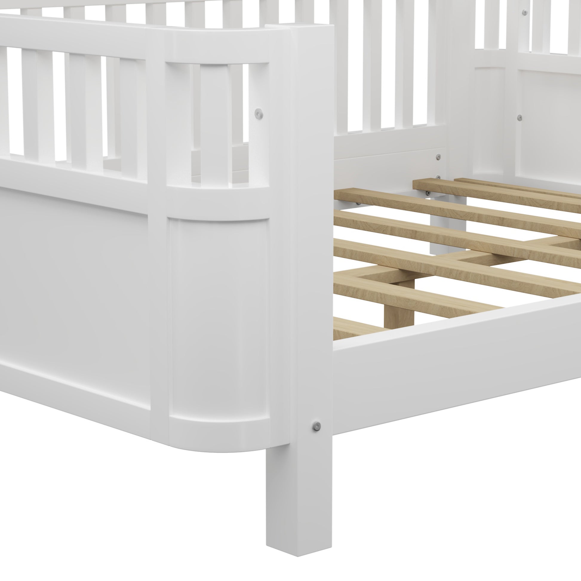 White wooden toddler bed frame with slatted base