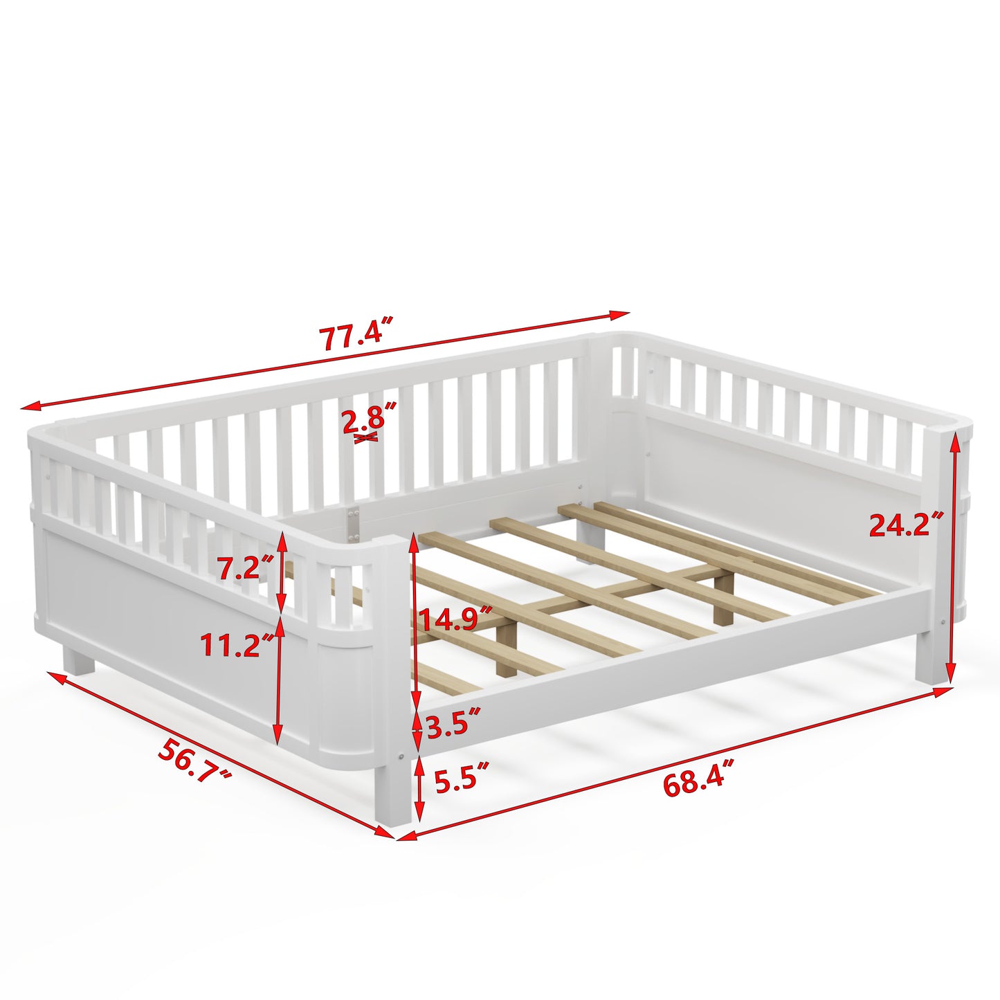 White wooden daybed with slatted base and side rails