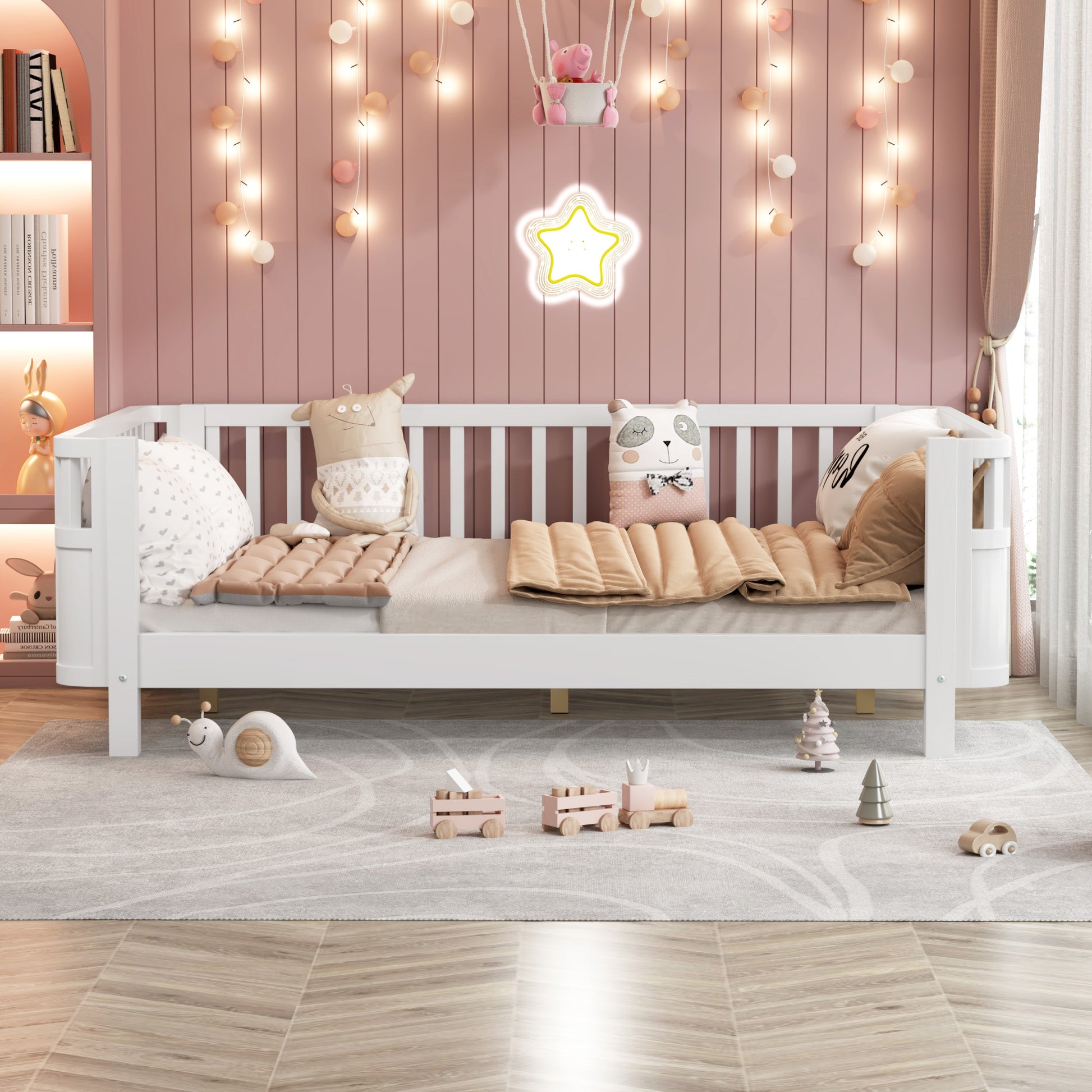 White wooden daybed with beige quilted throw and decorative pillows