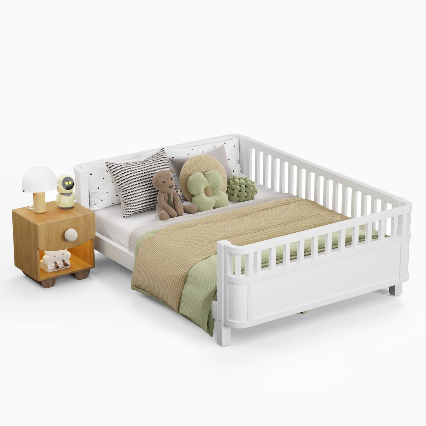 White wooden toddler bed with safety rails and playful pillows