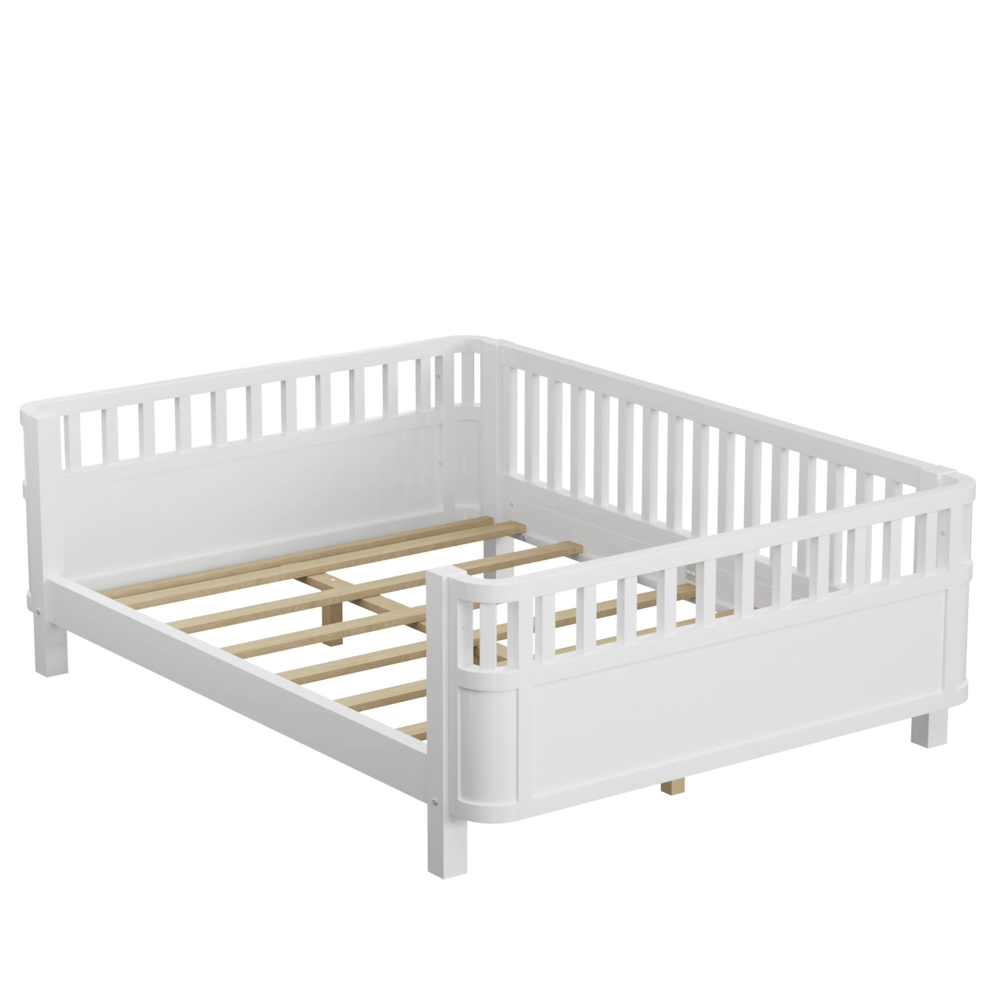 White wooden toddler bed frame with slatted sides and base