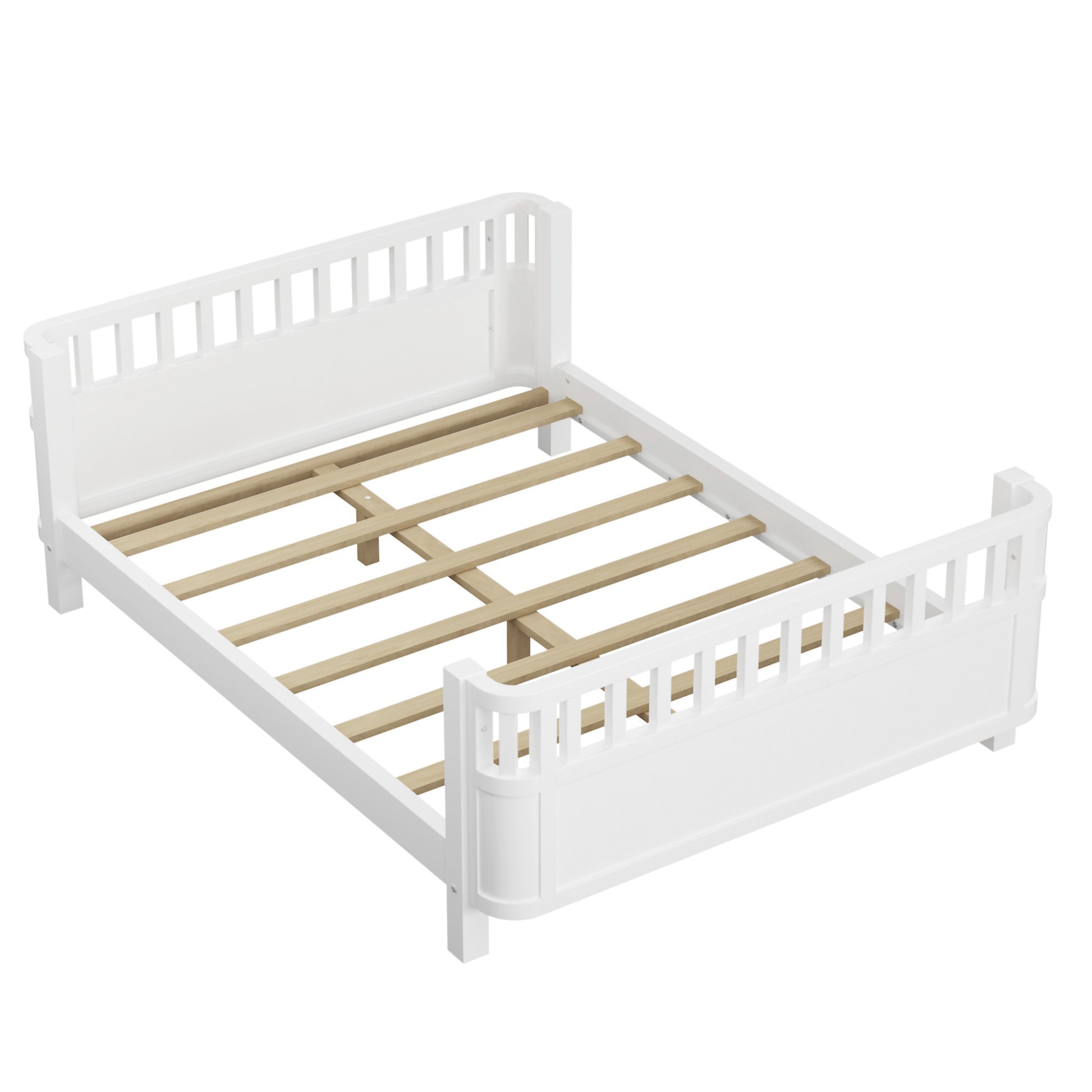 White wooden toddler bed frame with slatted headboard and footboard