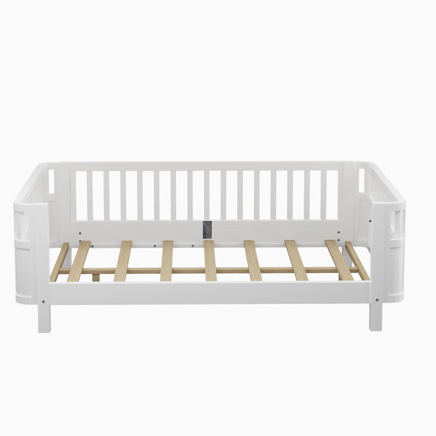 White wooden daybed with slatted base and spindle back