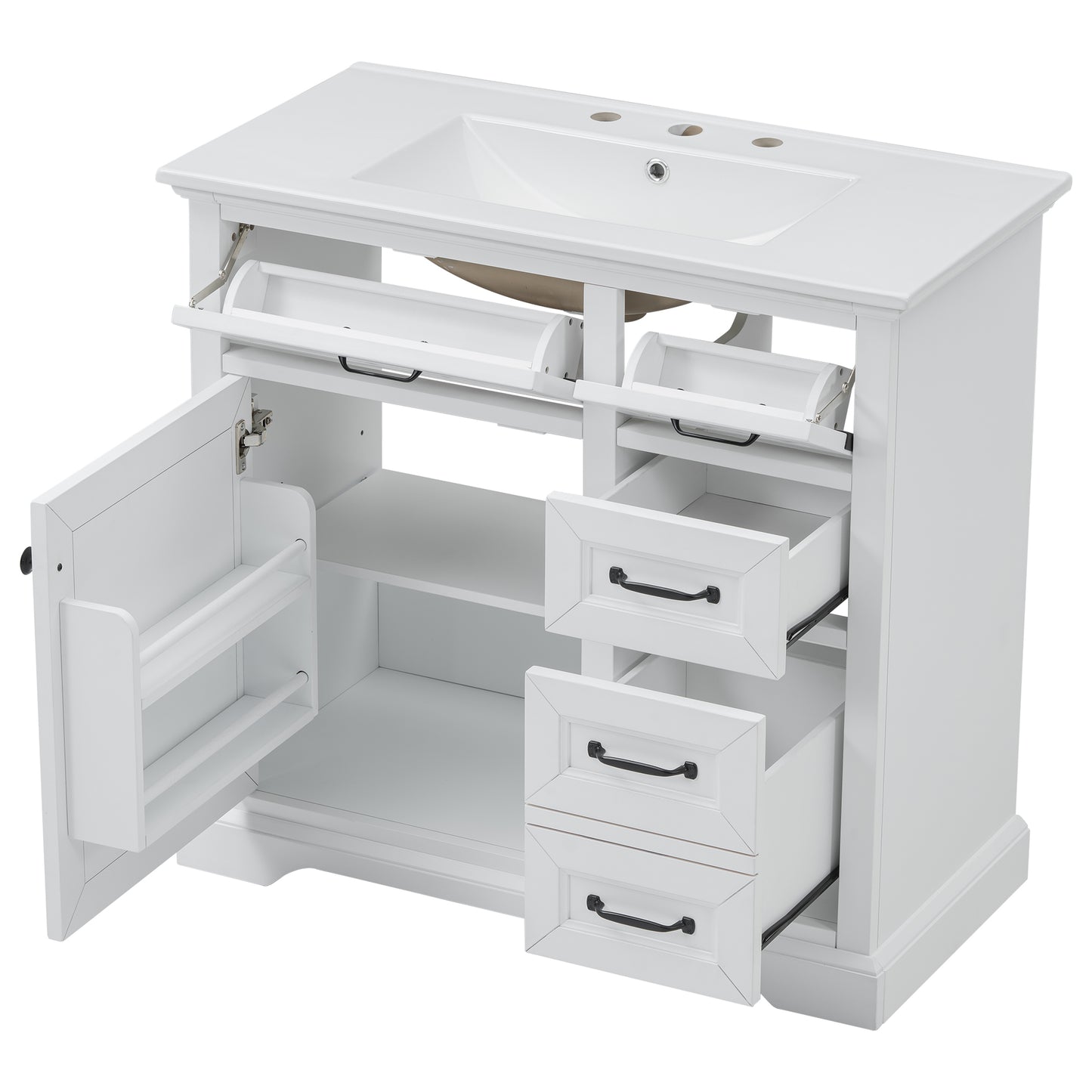 White vanity cabinet with open doors and drawers revealing storage shelves