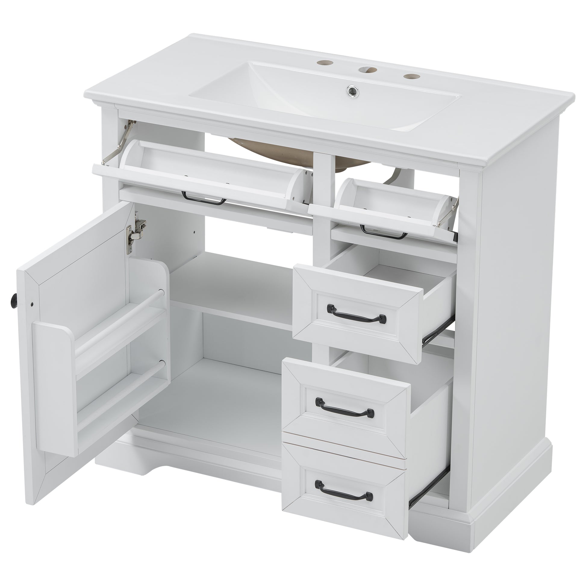 White vanity cabinet with open doors and drawers revealing storage shelves