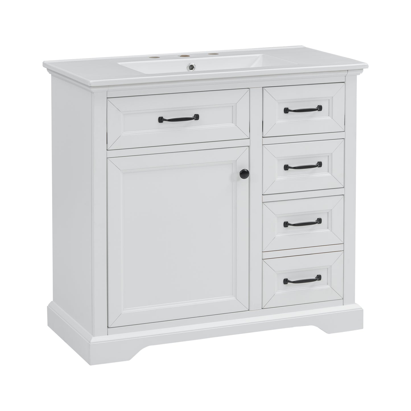 White shaker vanity cabinet with black hardware and integrated sink