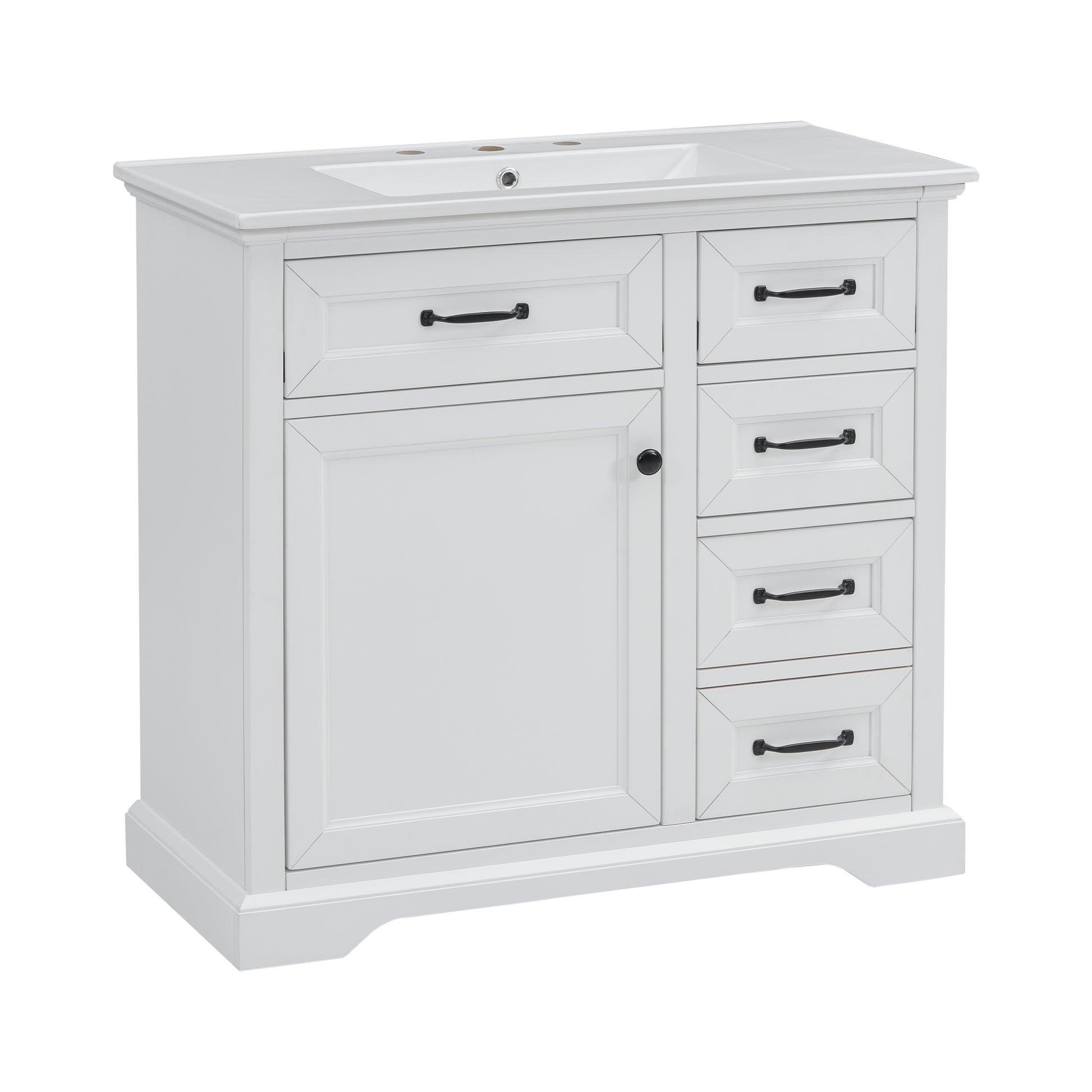 White shaker vanity cabinet with black hardware and integrated sink