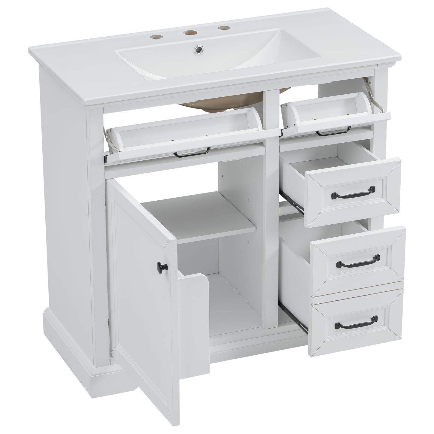 White modern bathroom vanity with ceramic sink and drawers