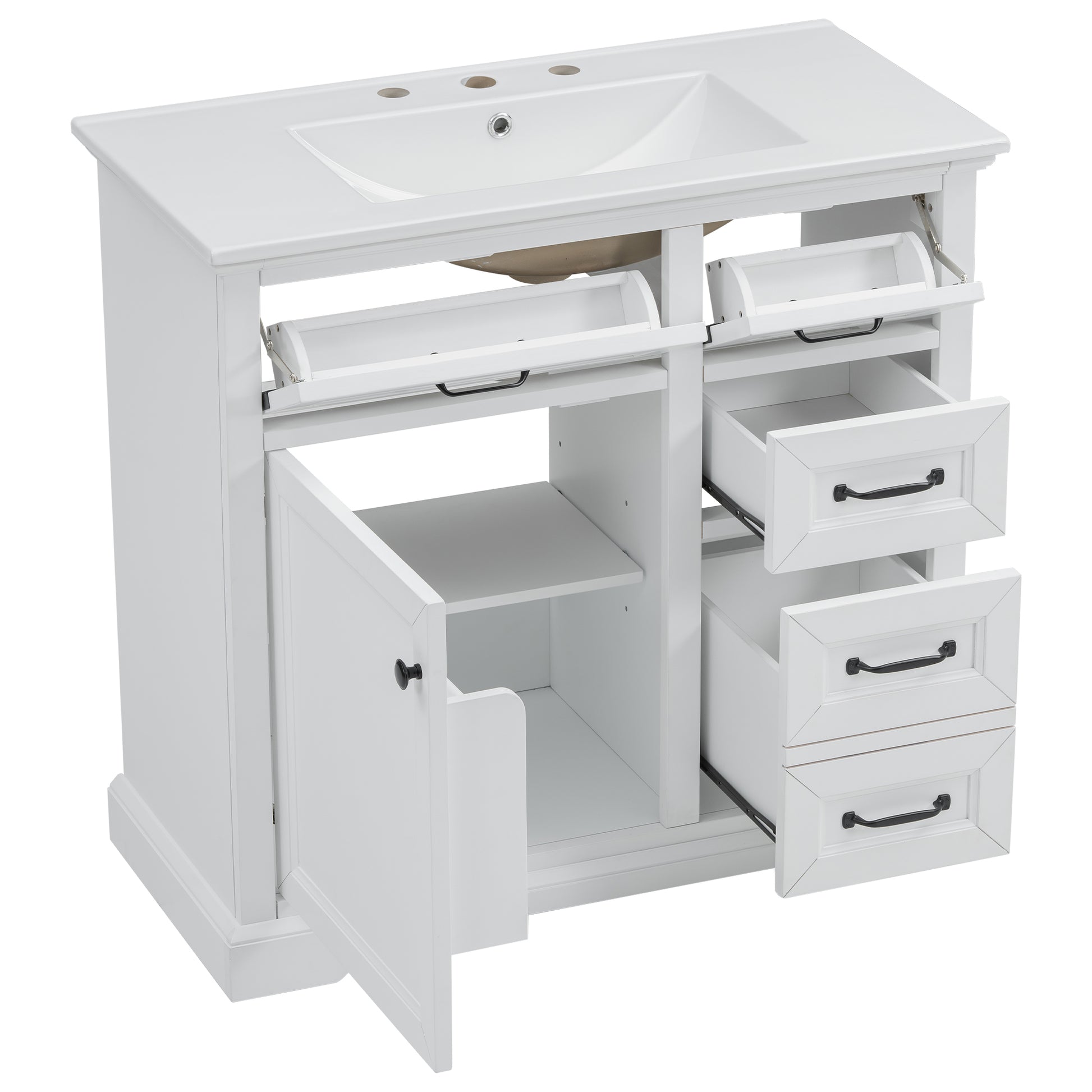 White modern bathroom vanity with ceramic sink and drawers
