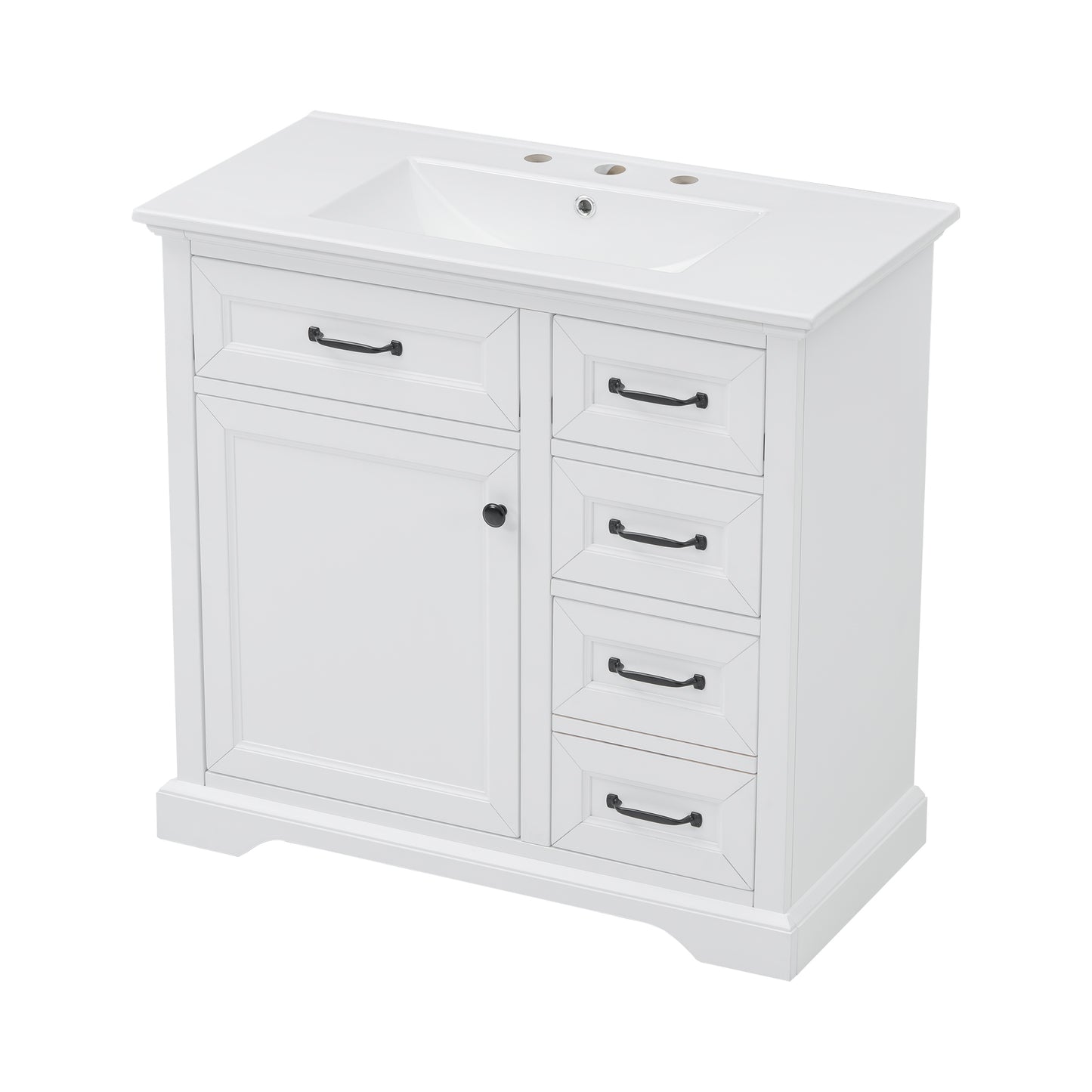 White bathroom vanity with single sink and black hardware