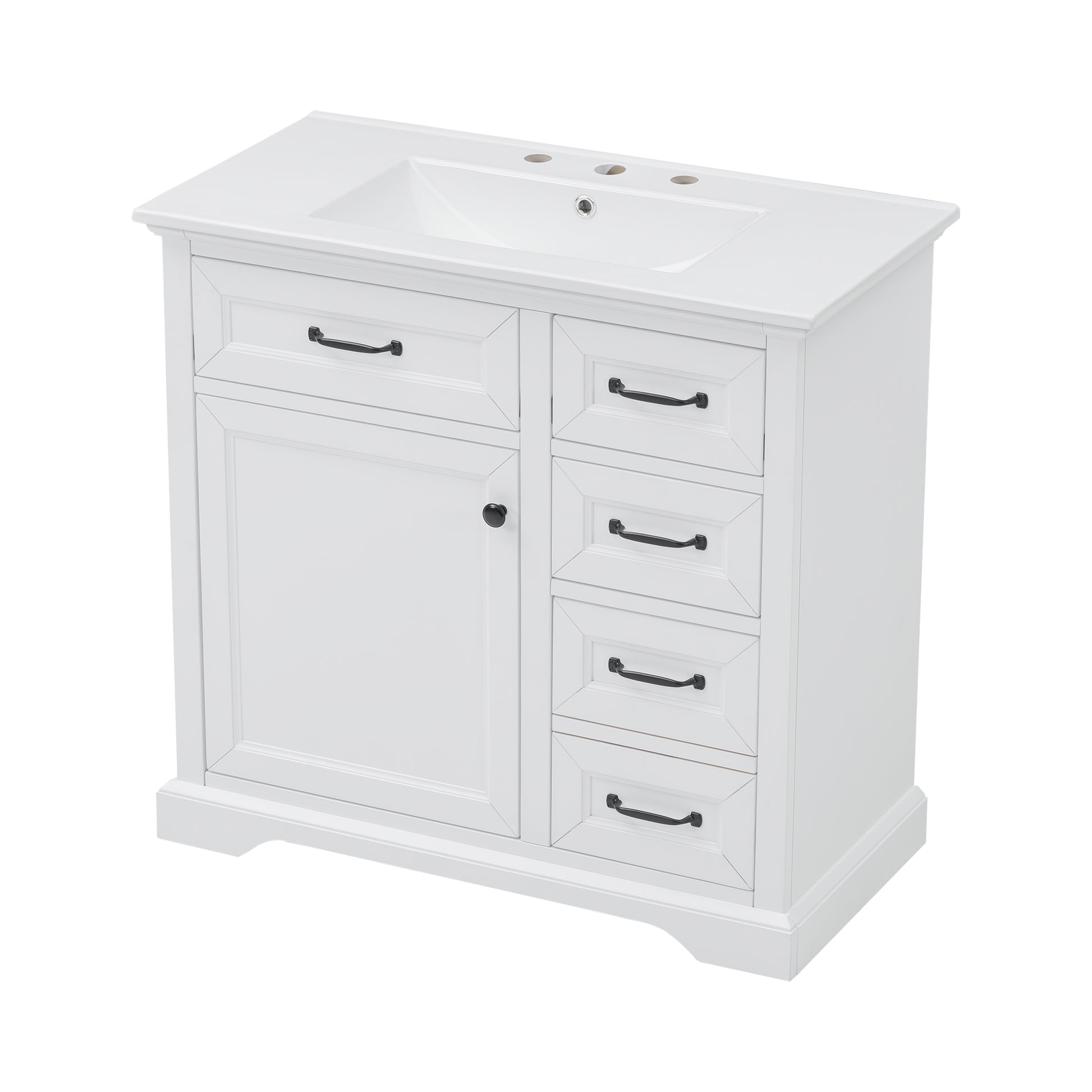 White bathroom vanity with single sink and black hardware
