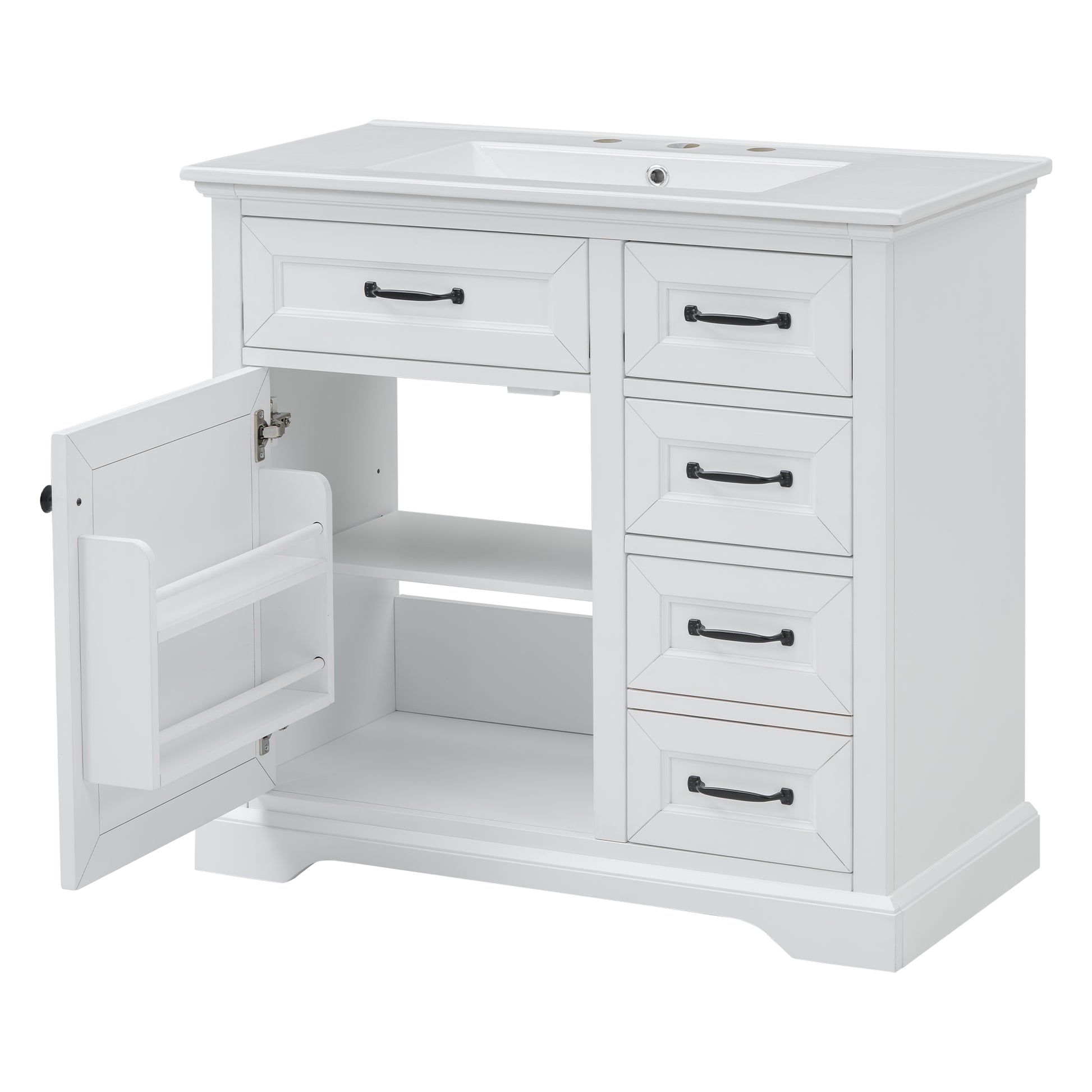White wooden bathroom vanity with white integrated sink and black hardware