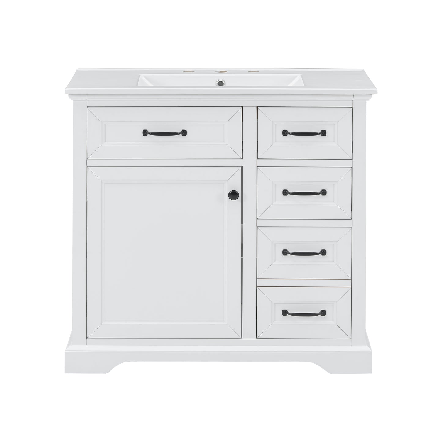 White shaker vanity with black hardware