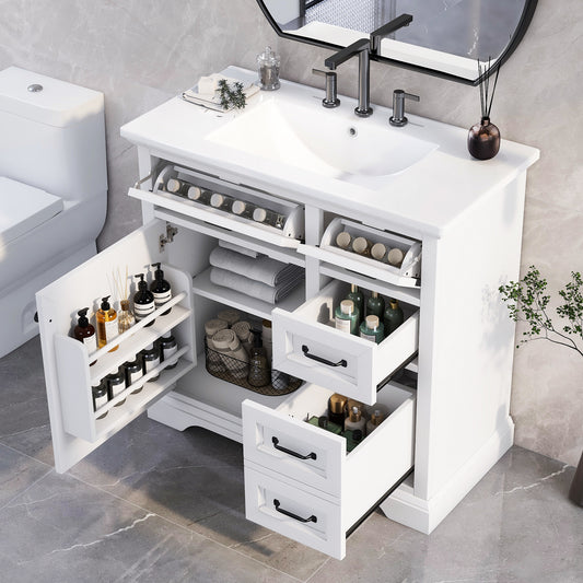 White vanity with sink and open drawers filled with toiletries