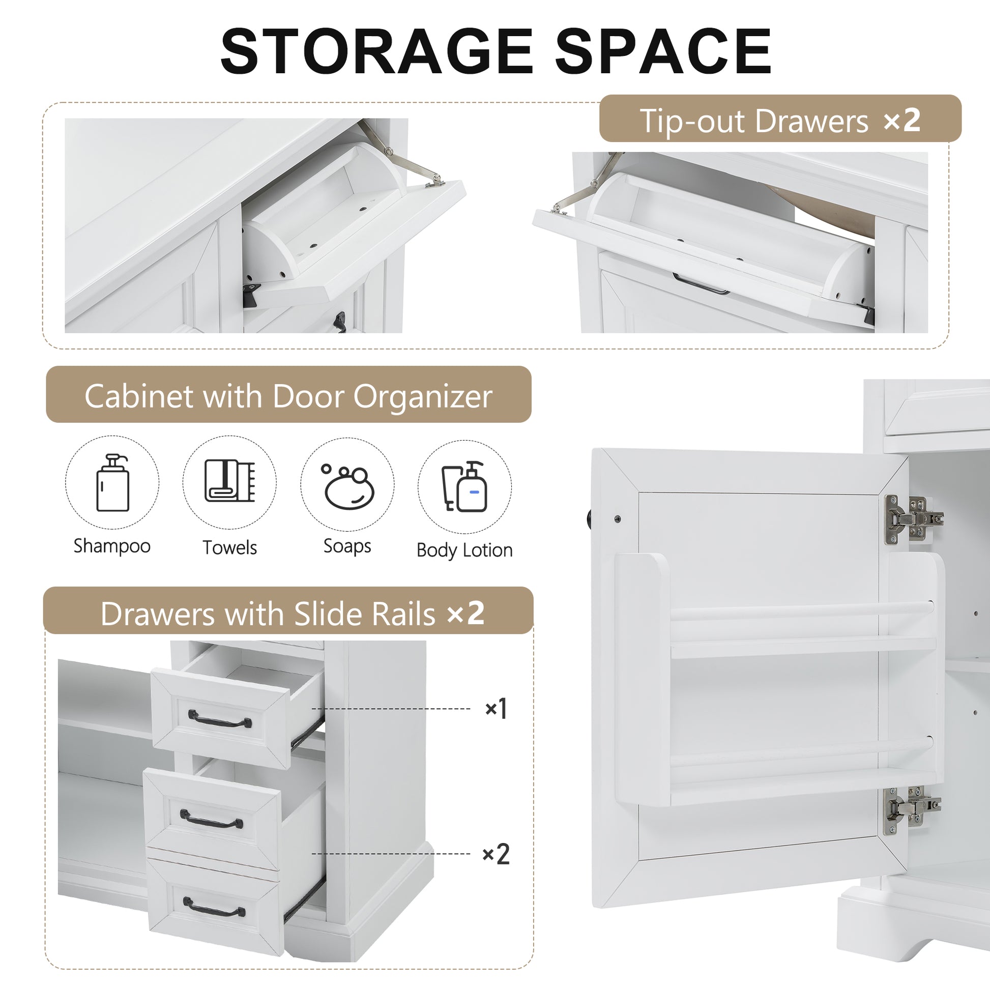 White bathroom vanity with two tipout drawers for convenient storage