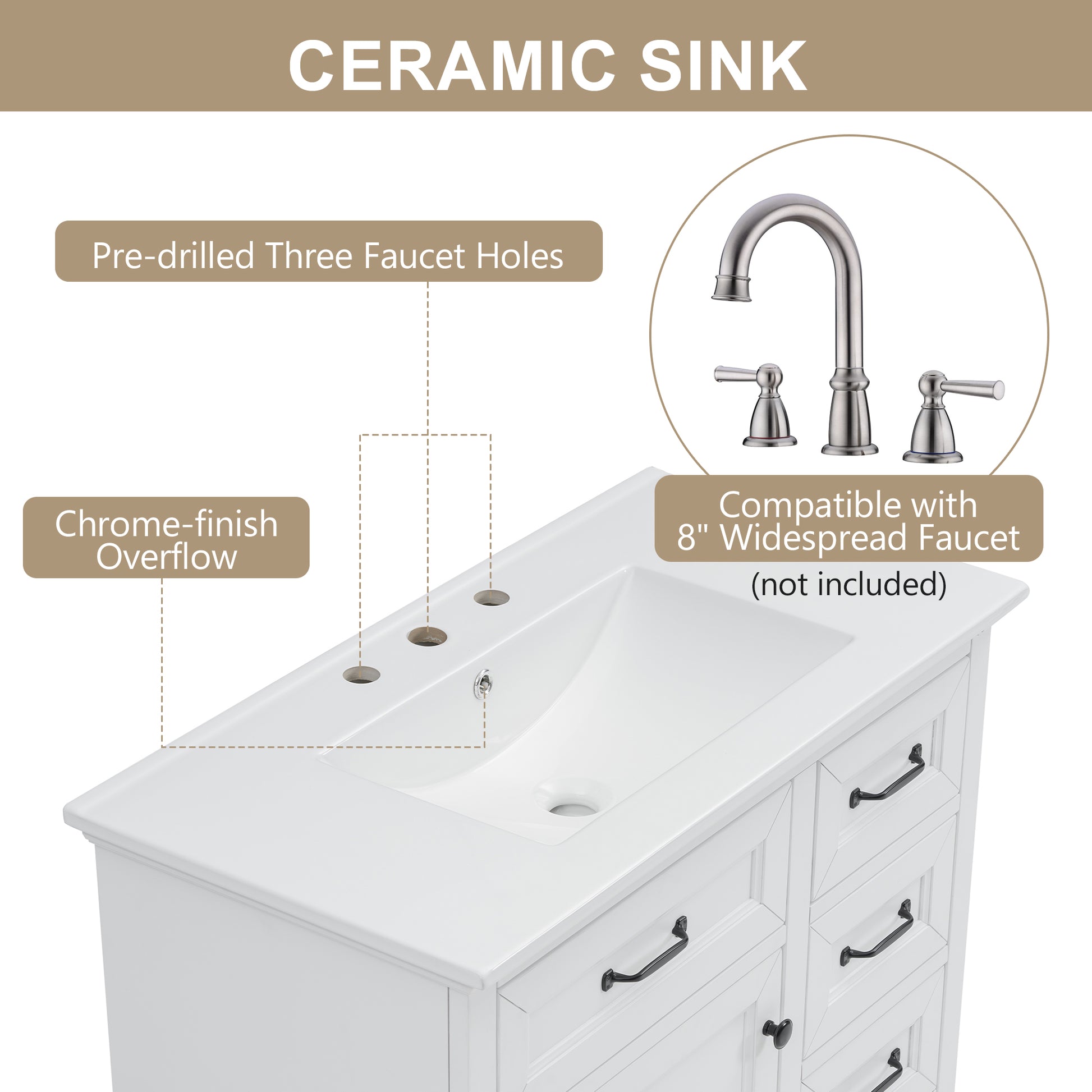 White ceramic bathroom sink with three predrilled faucet holes