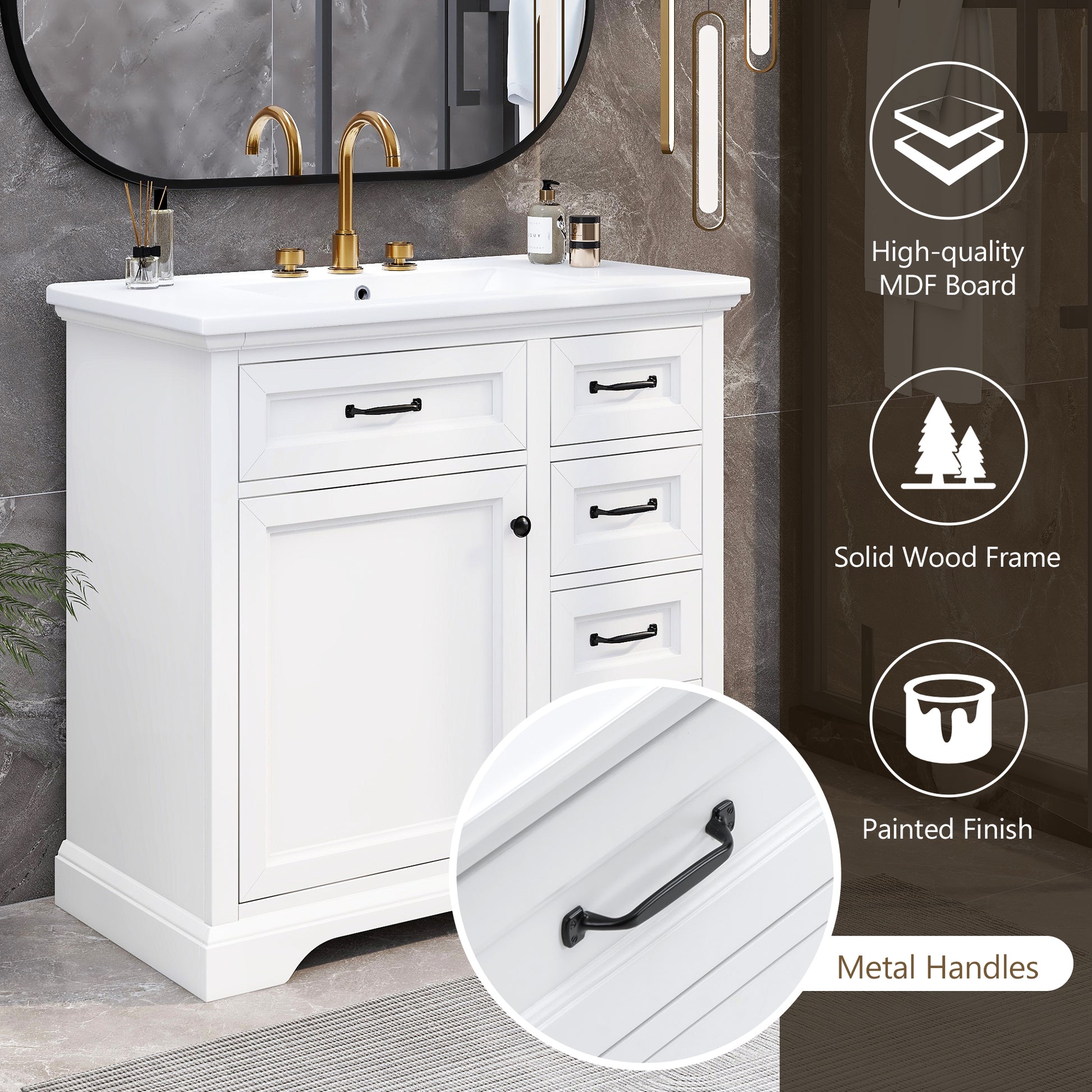 White bathroom vanity with gold faucet and black metal handles