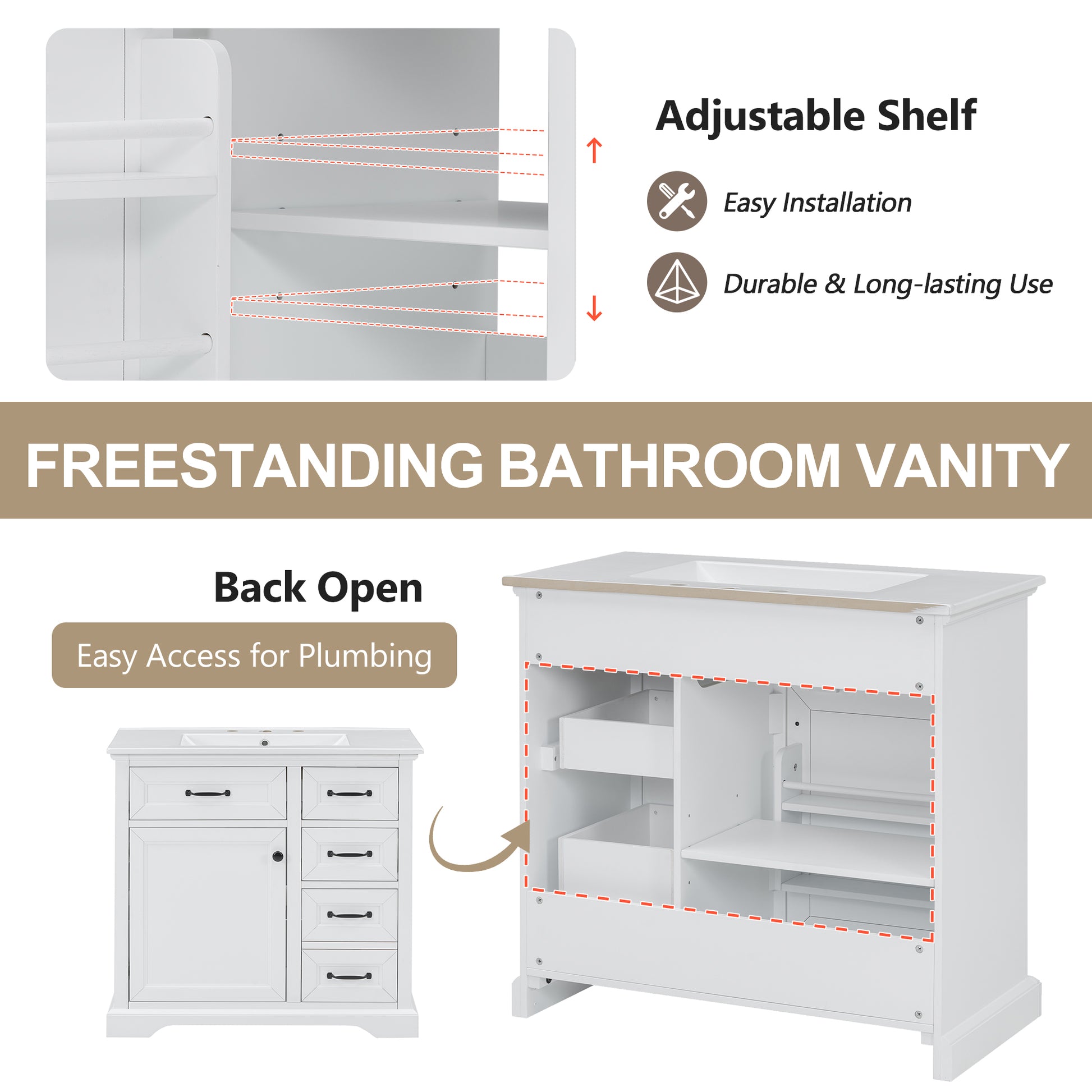 White freestanding bathroom vanity with adjustable shelves