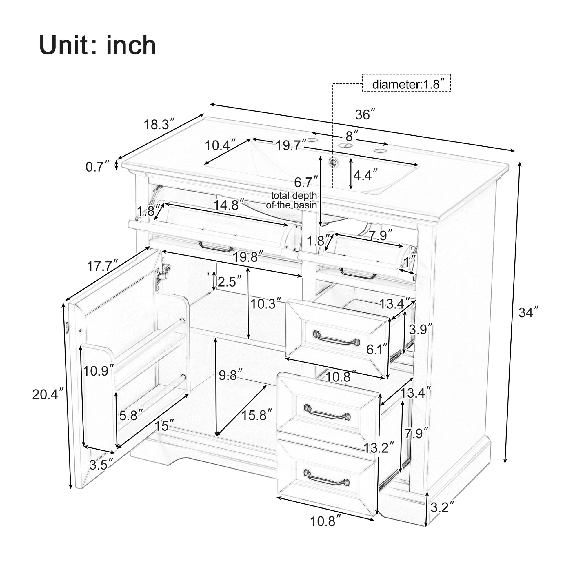 Line drawing of a inch bathroom vanity with detailed dimensions