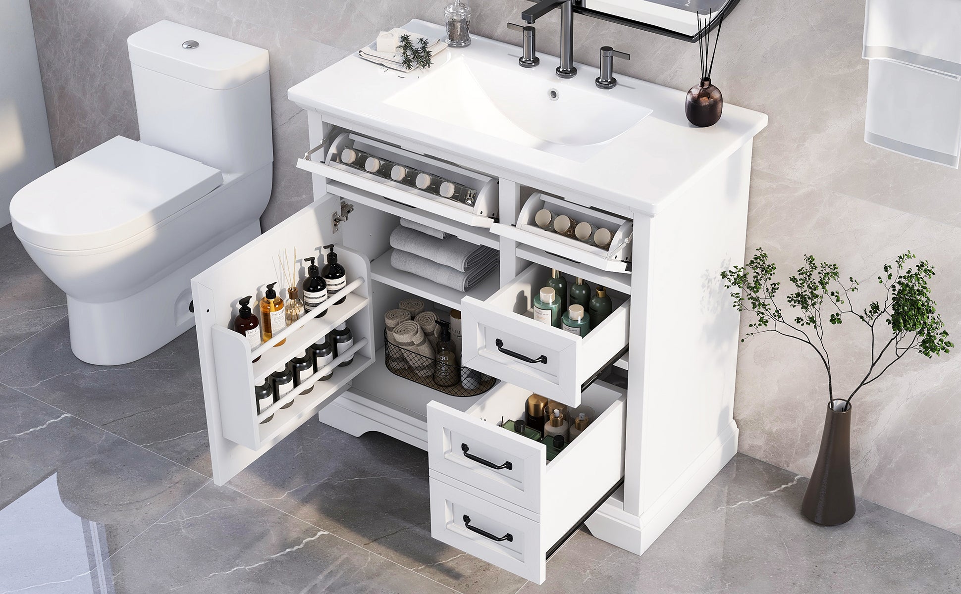 White bathroom vanity with open drawers and door revealing toiletries