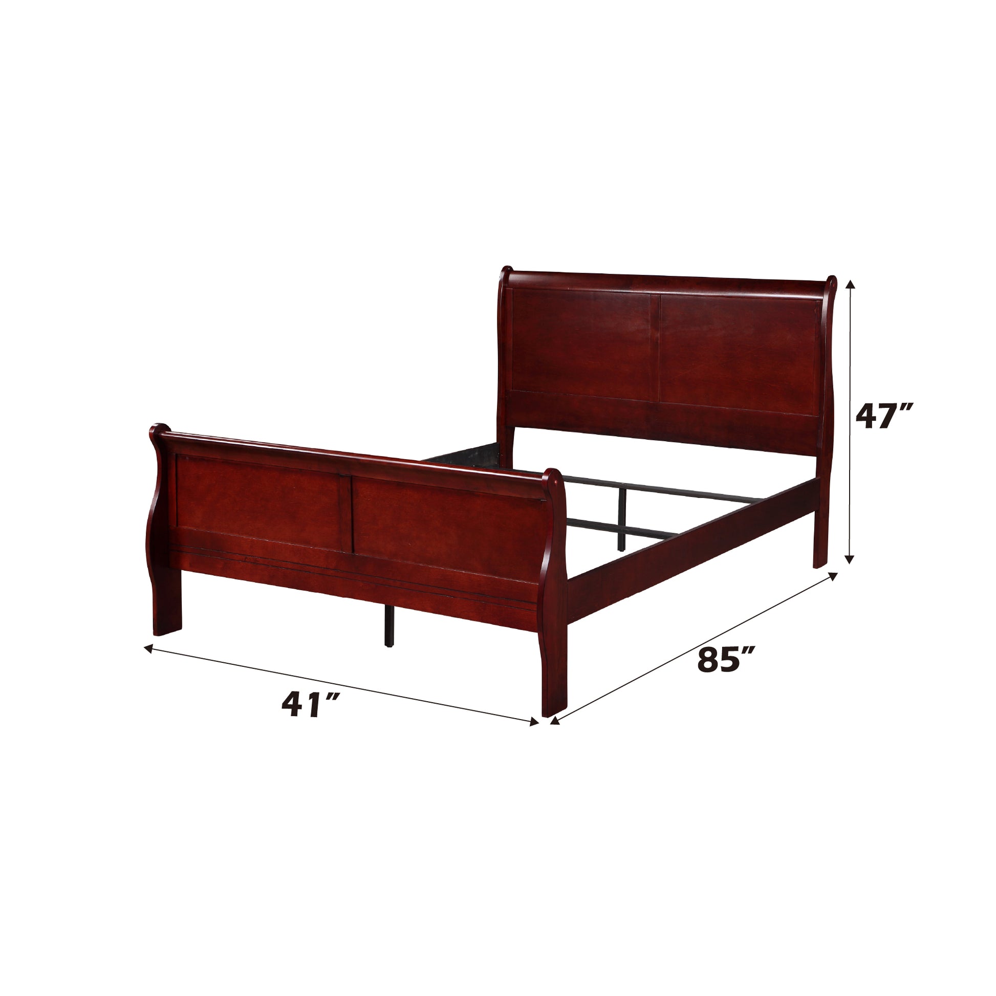 Dark cherry wood sleigh bed frame with curved headboard and footboard