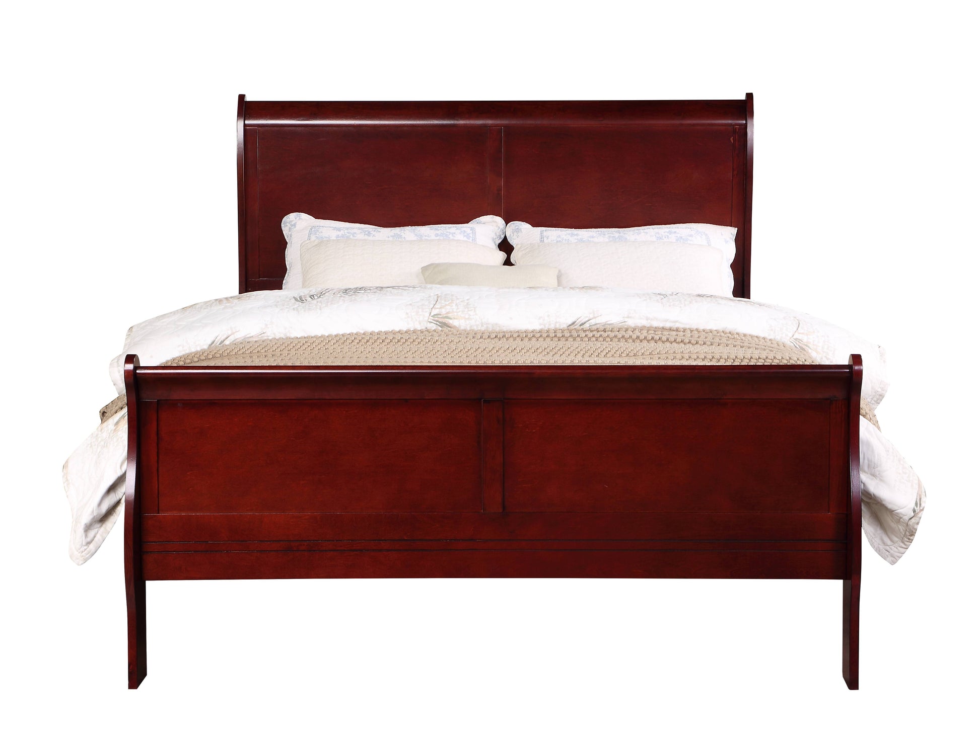Rich mahogany wood sleigh bed frame with tufted bedding and plush pillows for a luxurious bedroom