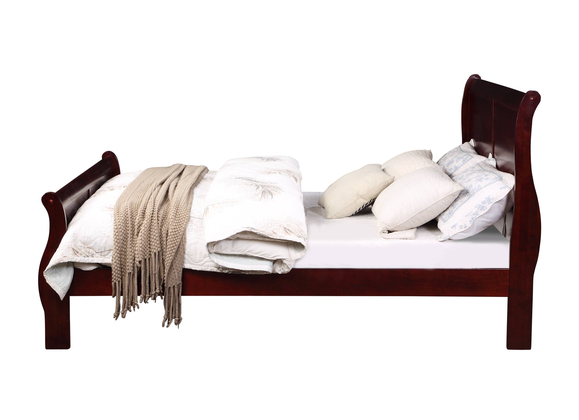 Dark cherry sleigh bed with white bedding and a knitted throw